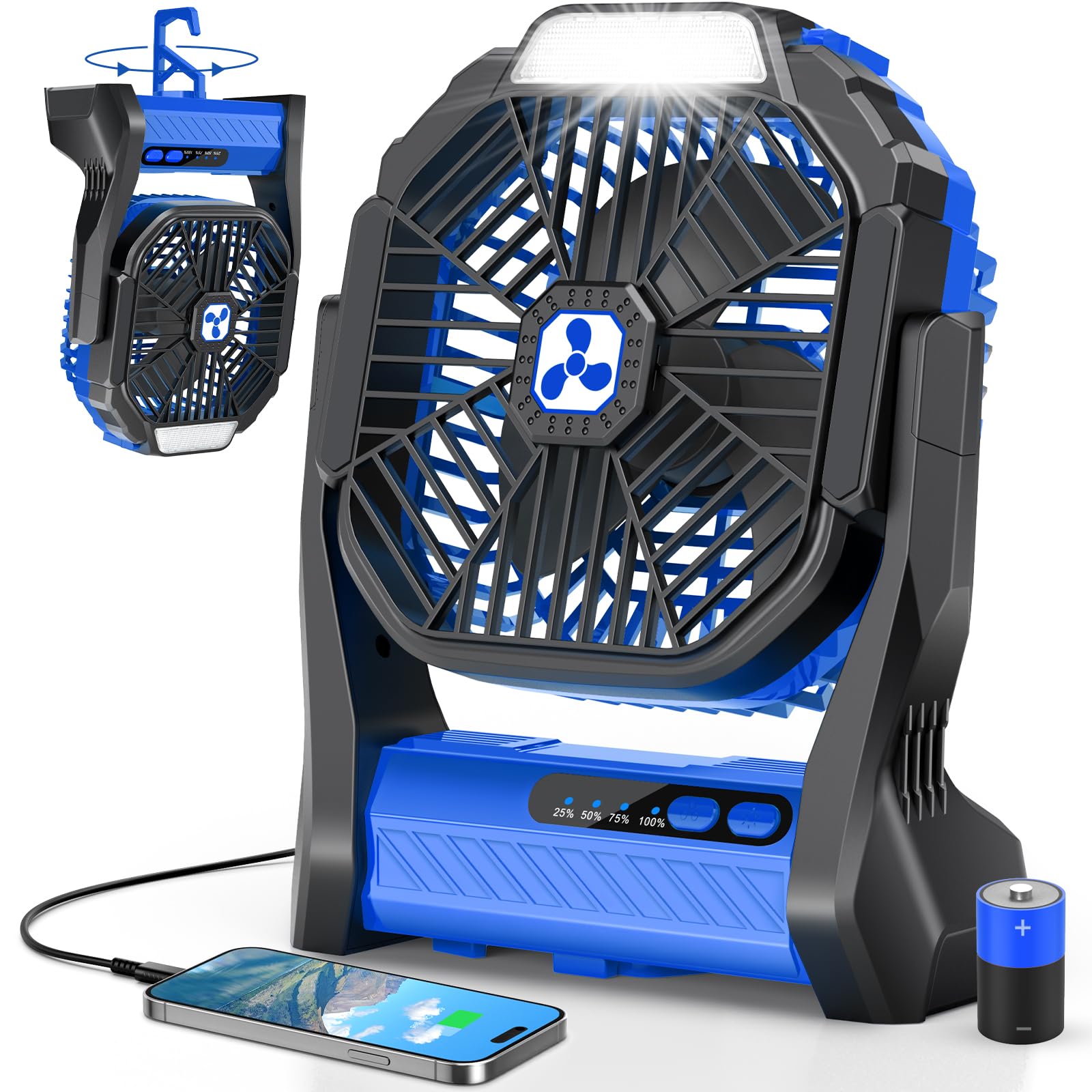 Ventilador a Pilas 20000 mAh inalámbrico, Recargable, Ventilador portátil con Linterna LED, Ventilador de Mesa, batería USB-C, Ventilador de Camping para Viajes, Playa Azul
