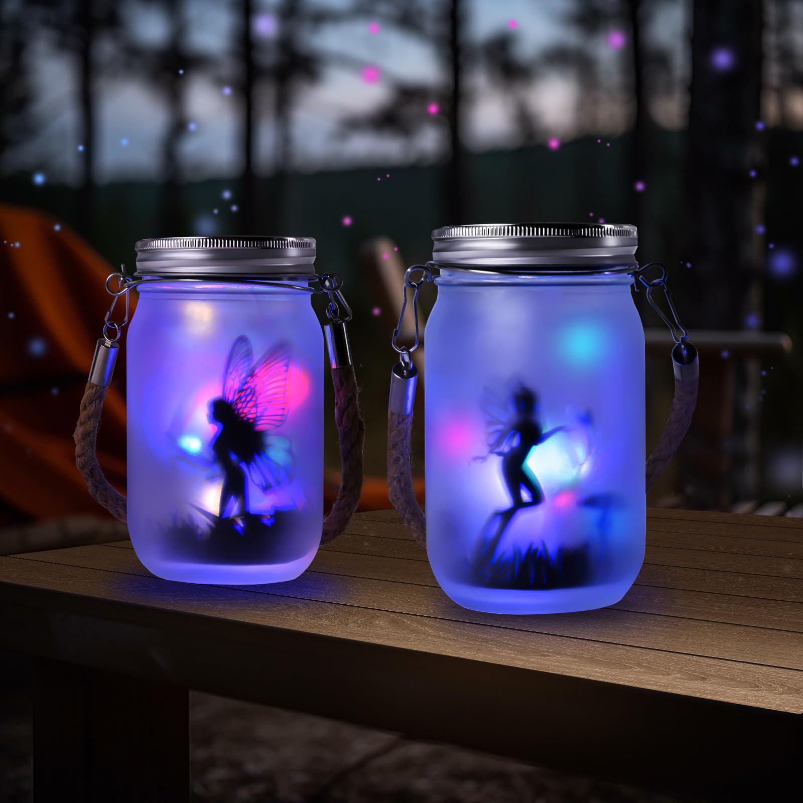 2 Pack Fairy Solar Lanterns, Solar Fairy Lights Glass Mason Jar LED Hanging Lamp, IP44 Waterproof Hanging Frosted Glass Mason Jar Lights, for Patio, Garden, Terrace, Lawn(Multicolor)