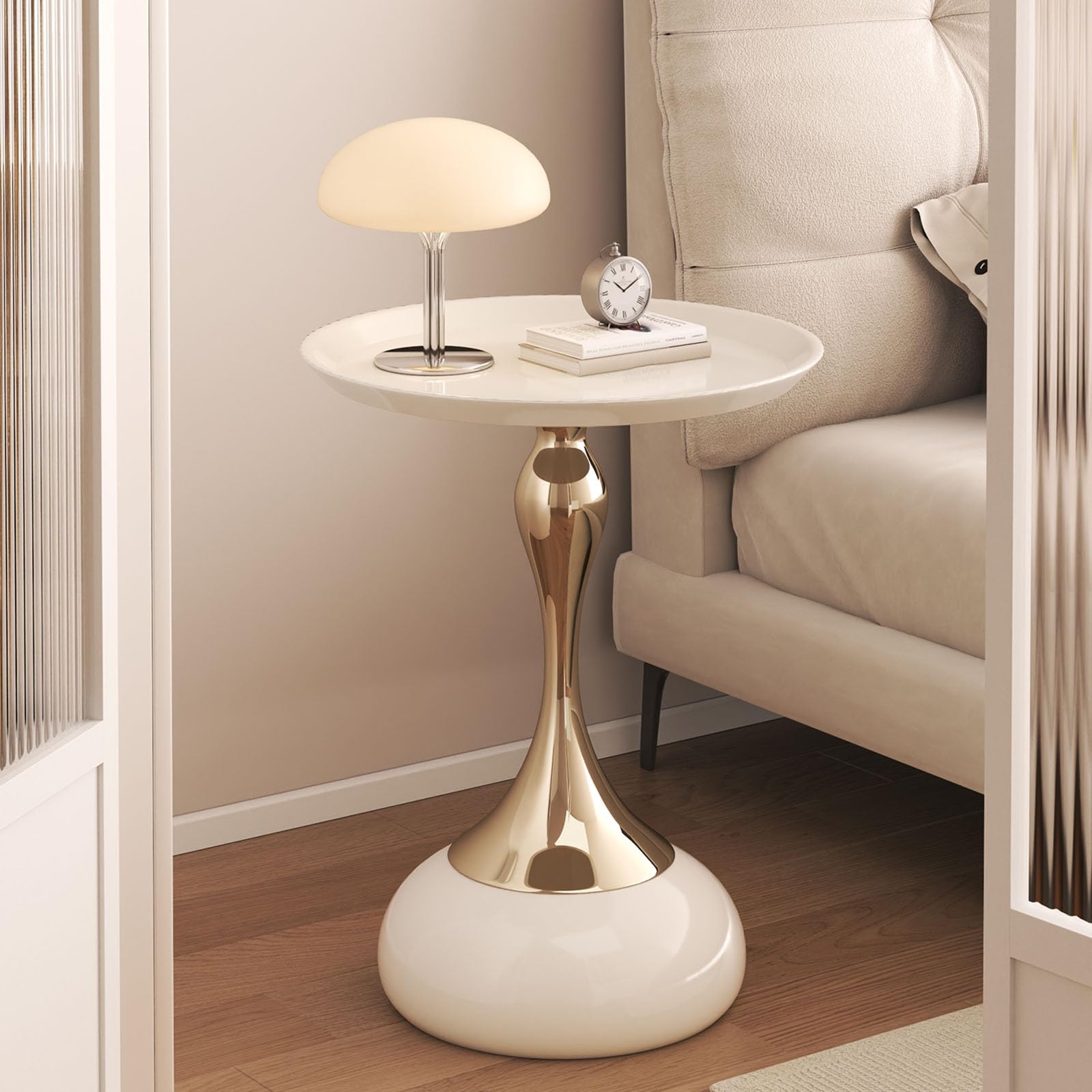 Vintage Small Round Table Sofa Side & Desk End Table, Laptop, Coffee, Bedside (White)