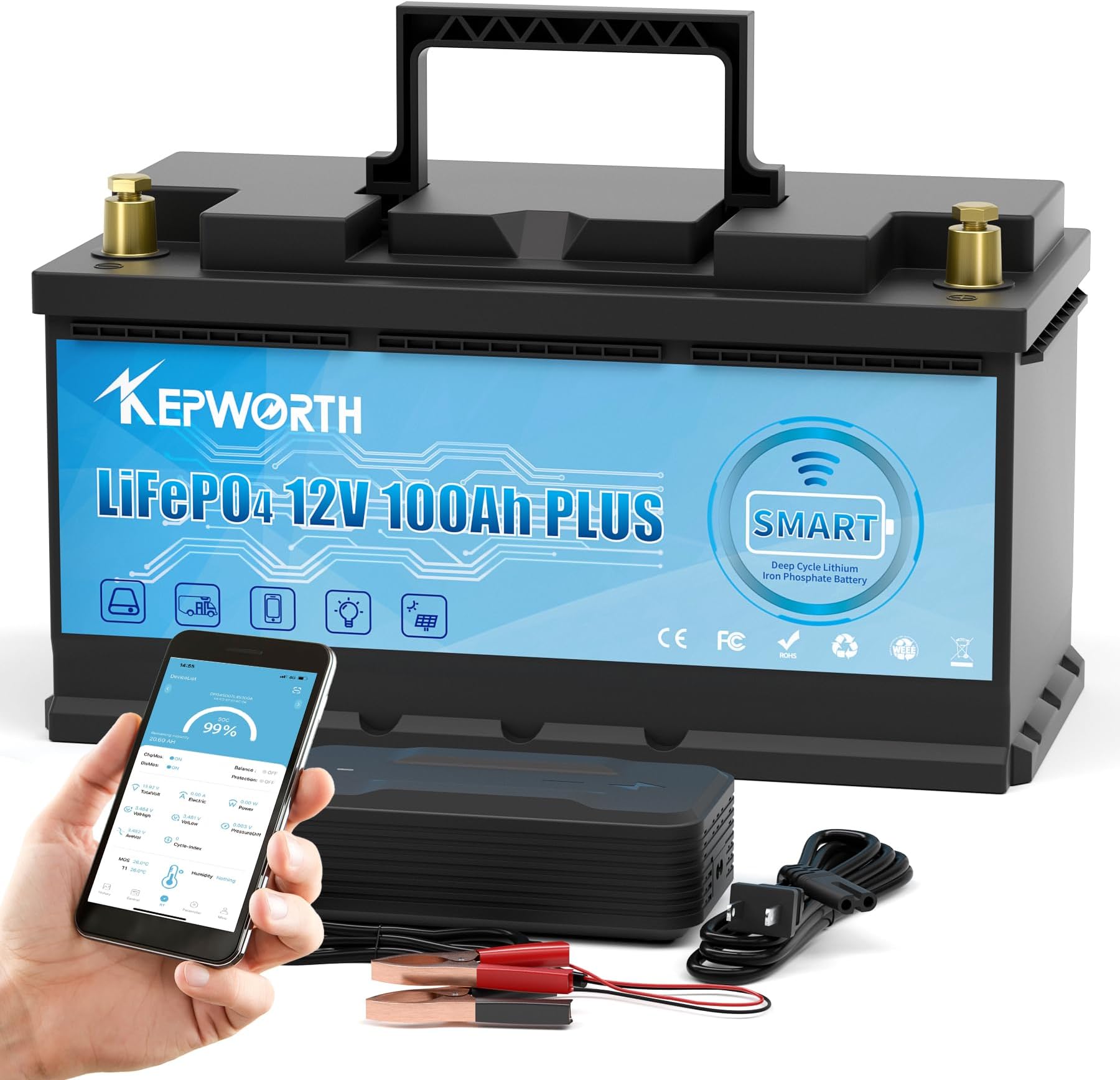 12V 100Ah LiFePO4 Battery Smart Bluetooth with Upgraded BMS Protection Up to 10000 Deep Cycle Rechargeable Lithium Iron Phosphate Perfect for RV/Camper, Trolling Motor, Marine, Off Grid Applications