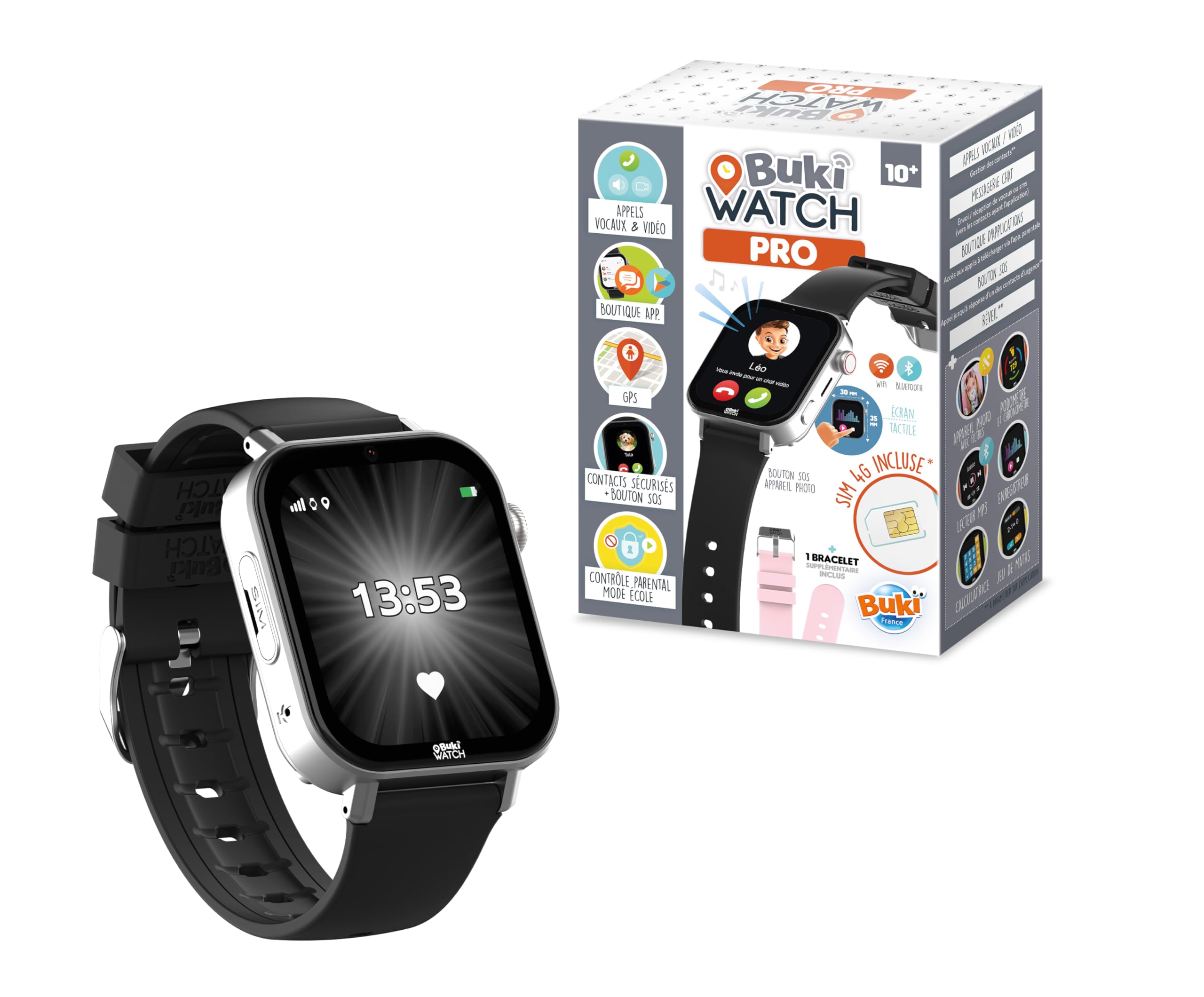 BUKI FRANCE - Montre Connectée Enfant Carte SIM Incluse – Appels, GPS, Vidéo, WiFi, Bluetooth – Bouton SOS, Application Parentale – Idéal Premier Téléphone - BUKI WATCH PRO - PRO01 - FRANCE UNIQUEMENT