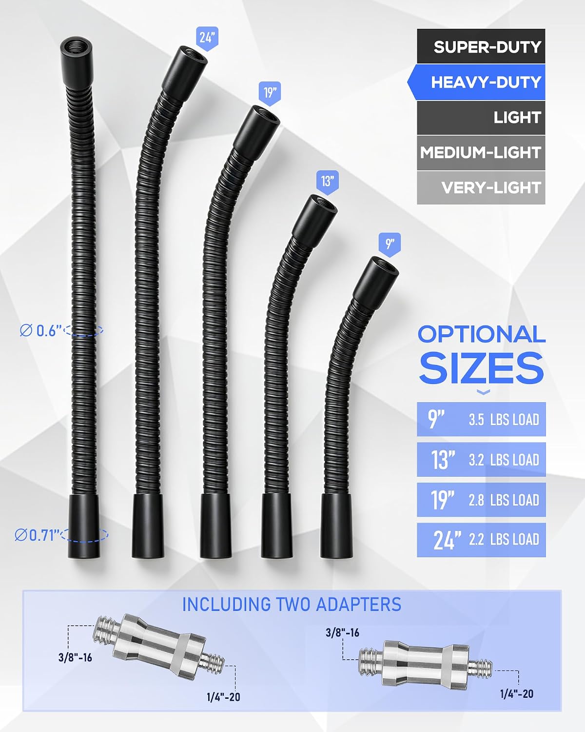 Heavy-Duty 24" Flexible Gooseneck Arm Extension Tube Bar Rod Kit Flex Mount with 1/4" & 3/8" Threads for Mobile Phones Cameras Mic Lighting and More Fits Most Stands Tripods Rigs Grips and Clamps