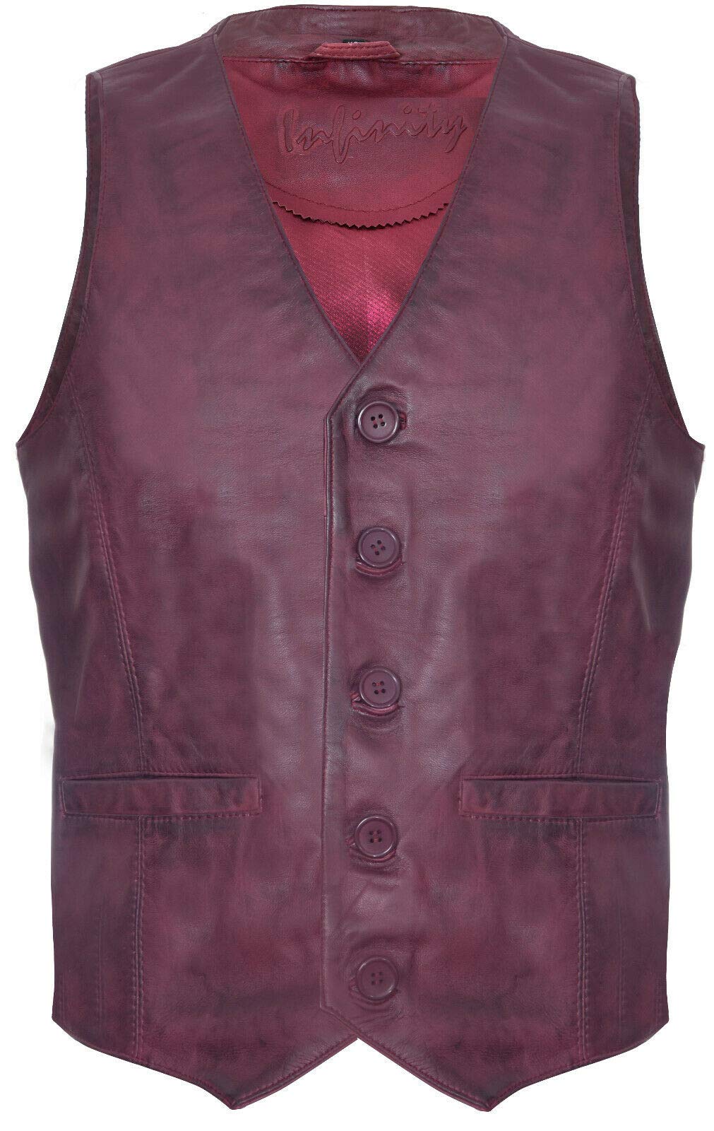 Mens Burgundy Leather Waistcoat Casual Classic Formal Traditional Gilet Vest XL