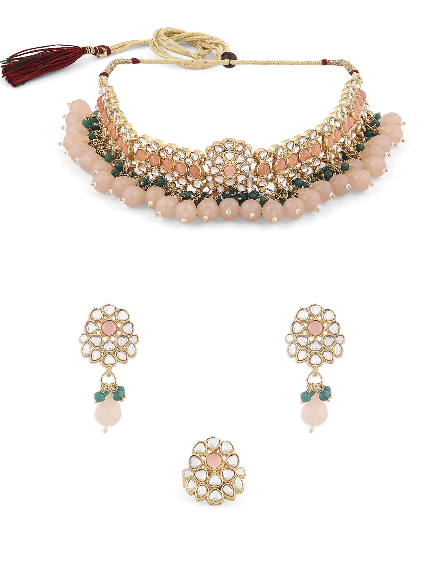 ZAVERI PEARLS Peach & Green Cluster Drops Kundan Choker Necklace Earring & Ring Set For Women-ZPFK16509 (B0CKHZX8RC) Amazon Price History, Amazon Price Tracker