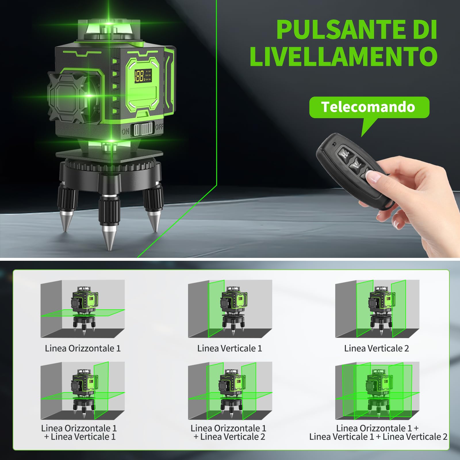 Livello Laser Cantiere Autolivellante 360° x 4 Con Treppiede, Lazer Livelli 4D 16 Linee Laser, Modalità Impulso Esterno, 2 x Batteria, Livellamento Automatico, Supporto Rotante, Telecomando