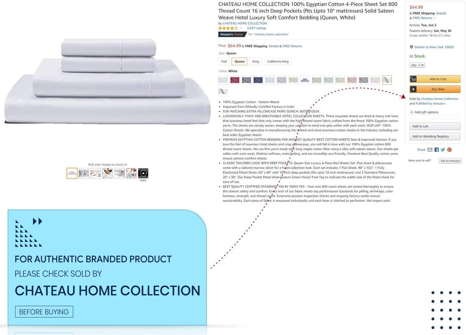 CHATEAU HOME COLLECTION 100 Egyptian Cotton Sheets Queen Size, 800