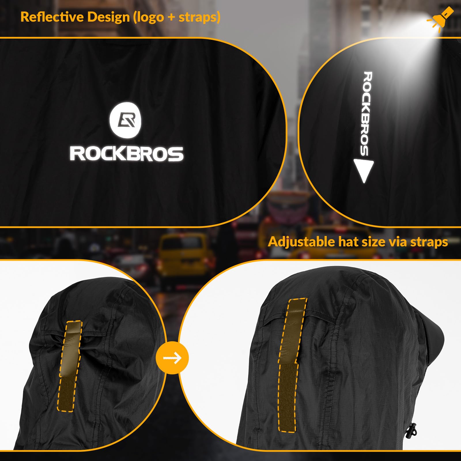ROCKBROS Manteau de Pluie Réutilisable Poncho de pluie avec Capuche Veste de Pluie Pliable, Multi-usage pour Vélo Camping Randonnée Pêche Hommes Femmes, Noir