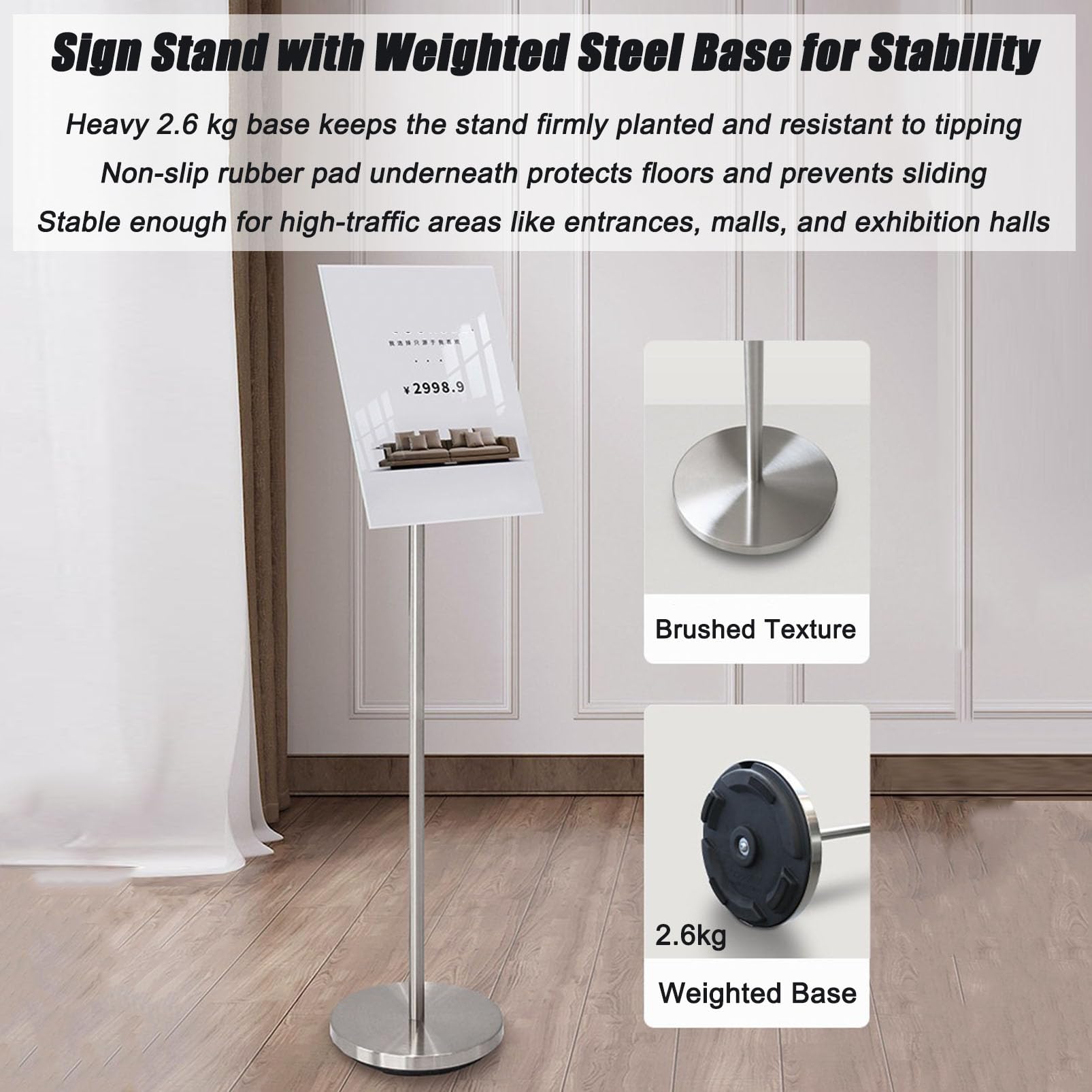 Soporte de Suelo para Carteles de Acero Inoxidable, Expositor de letreros