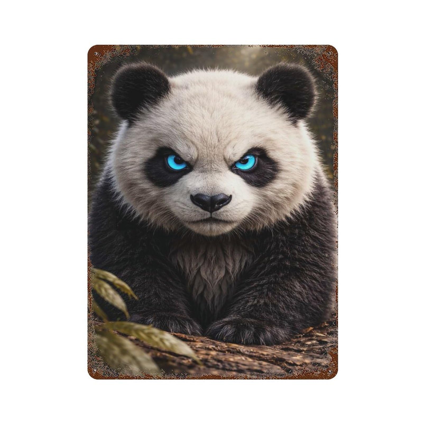 Rustic Tin Plaque with Angry Panda with Glowing Blue Eyes Design 15.7"x11.8", for Cafe, Home Bar And Lounge Decor, Novelty Wall Decor