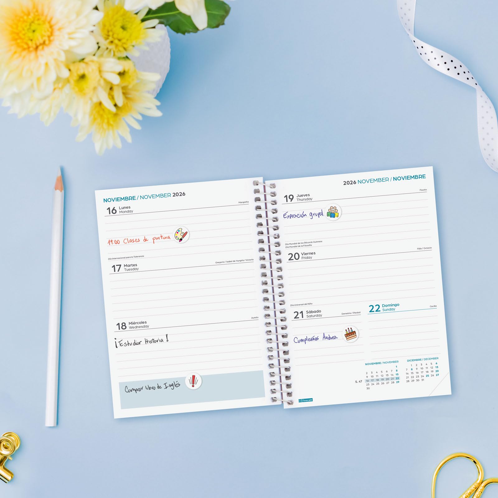 Finocam Secundaria Agenda Curso 2026 2027 | Semana Vista Horizontal · Septiembre 2026 - Junio 2027 (curso lectivo) + Julio y Agosto resumidos | Fiori · Idioma: Español - Agenda escolar