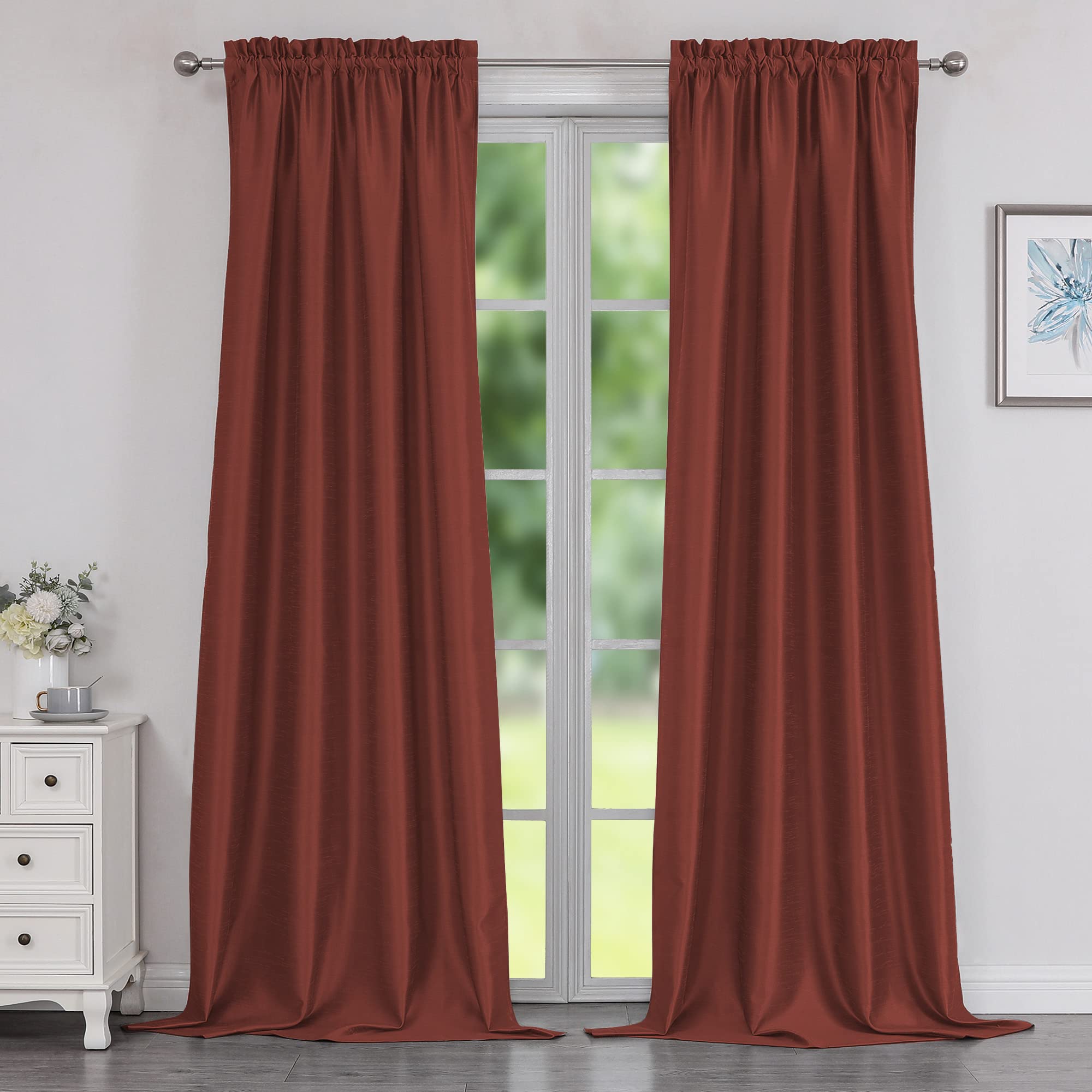 Chyhomenyc Uptown Faux Silk Living Room Window Curtains, 2 Panels Slub Texture Brick Curtains 96 Inches Long, Luxury Airy Room Darkening Rod Pocket Bedroom Curtains & Drapes, Burgundy, 42" Wx96 L