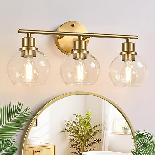 Lámparas de baño de 3 luces, luces de tocador modernas de oro cepillado sobre espejo con pantalla de globo de vidrio transparente, apliques de pared