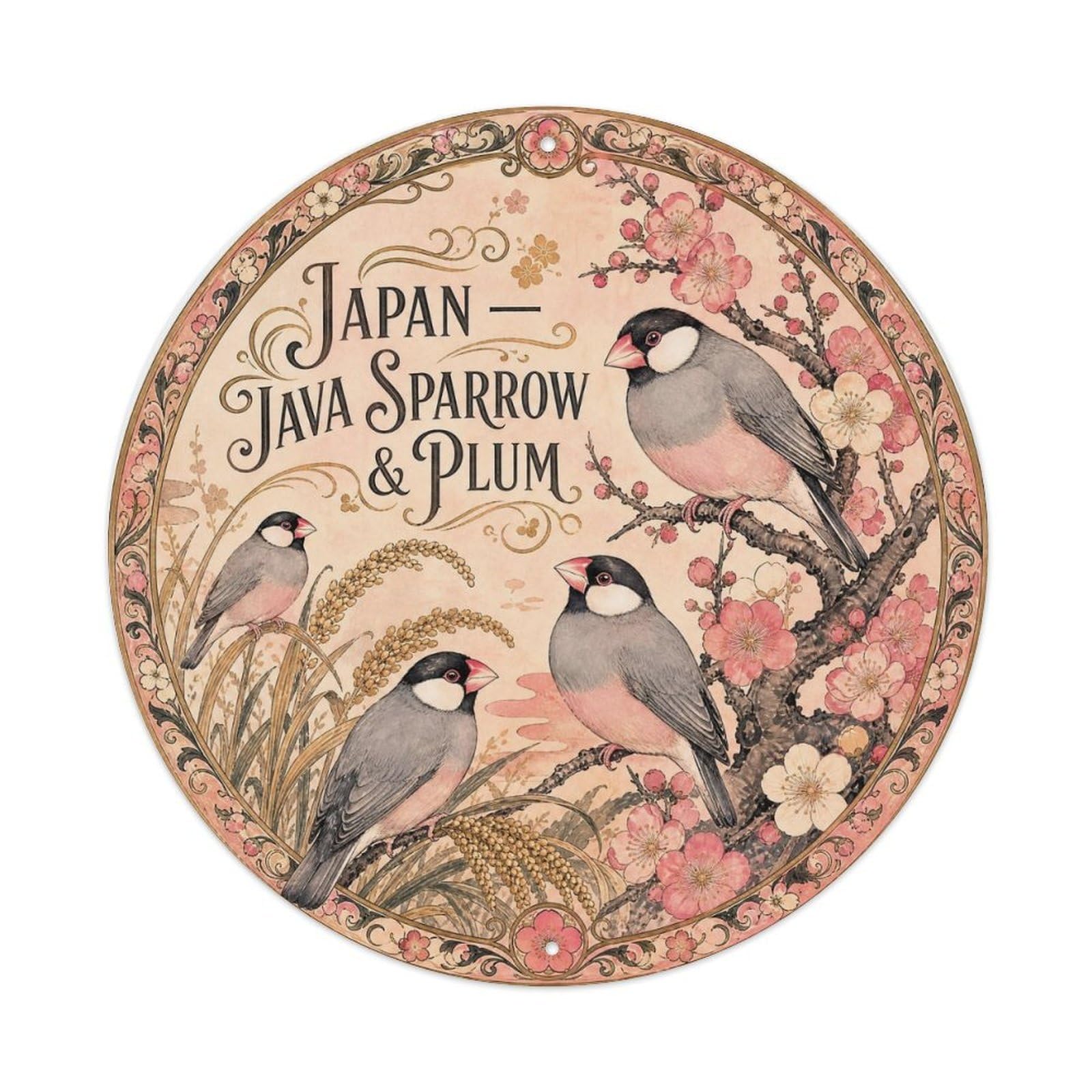 Olyhtr 8X8inch Classic Style Taisho Japan Java Sparrow Plum Branch Ceramic Metal Tin Sign