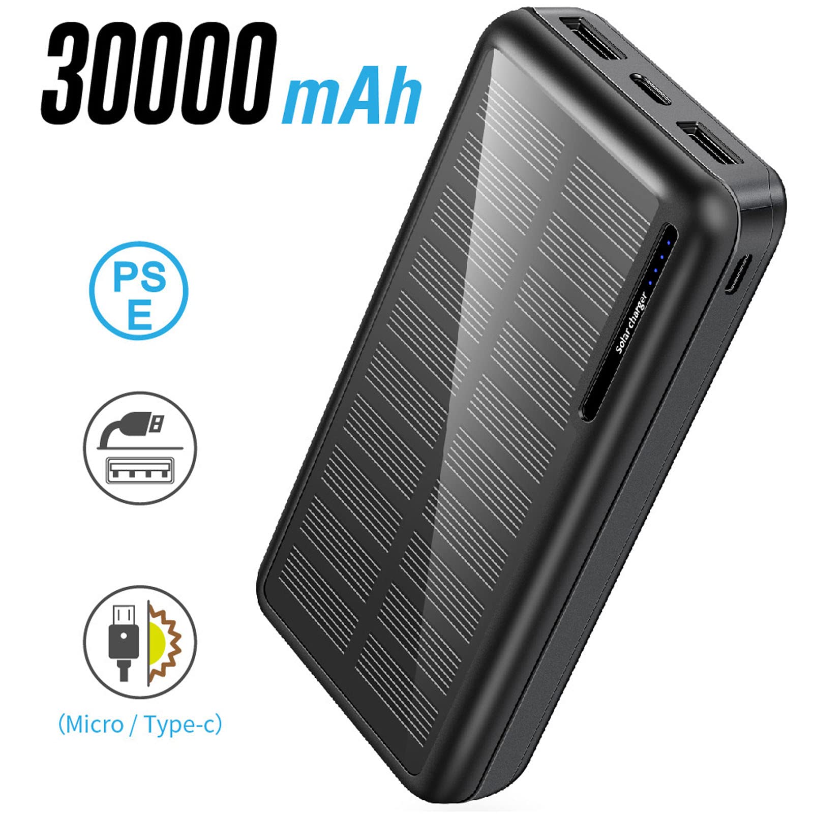 Batterie externe solaire 30 000 mAh Capacité double port USB portable pour camping randonnée