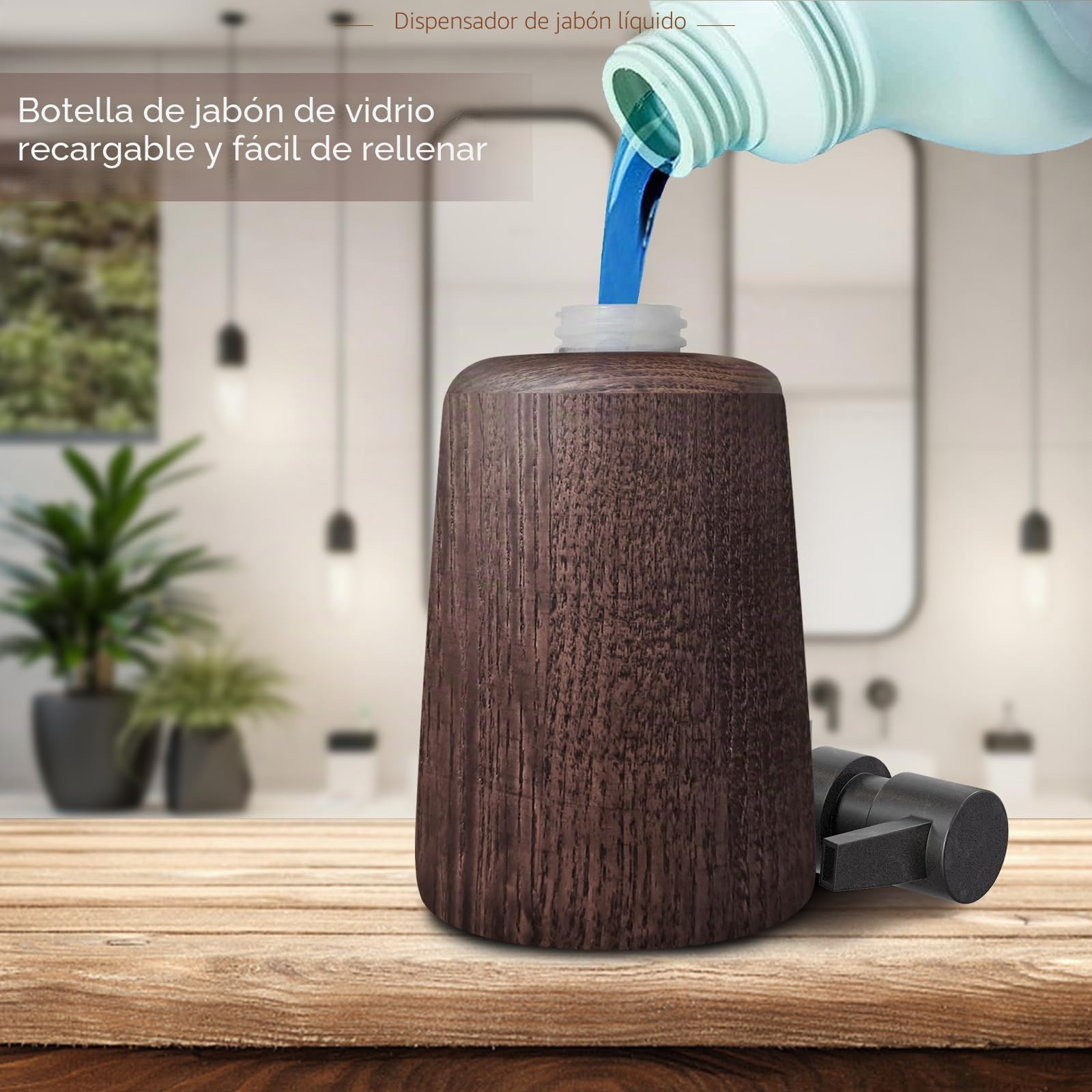 Dispensador de jabón hecho a mano de madera marrón oscuro, bomba de plástico, decoración elegante de baño, bomba de loción recargable, botella de ducha, fondo antideslizante, duradero y