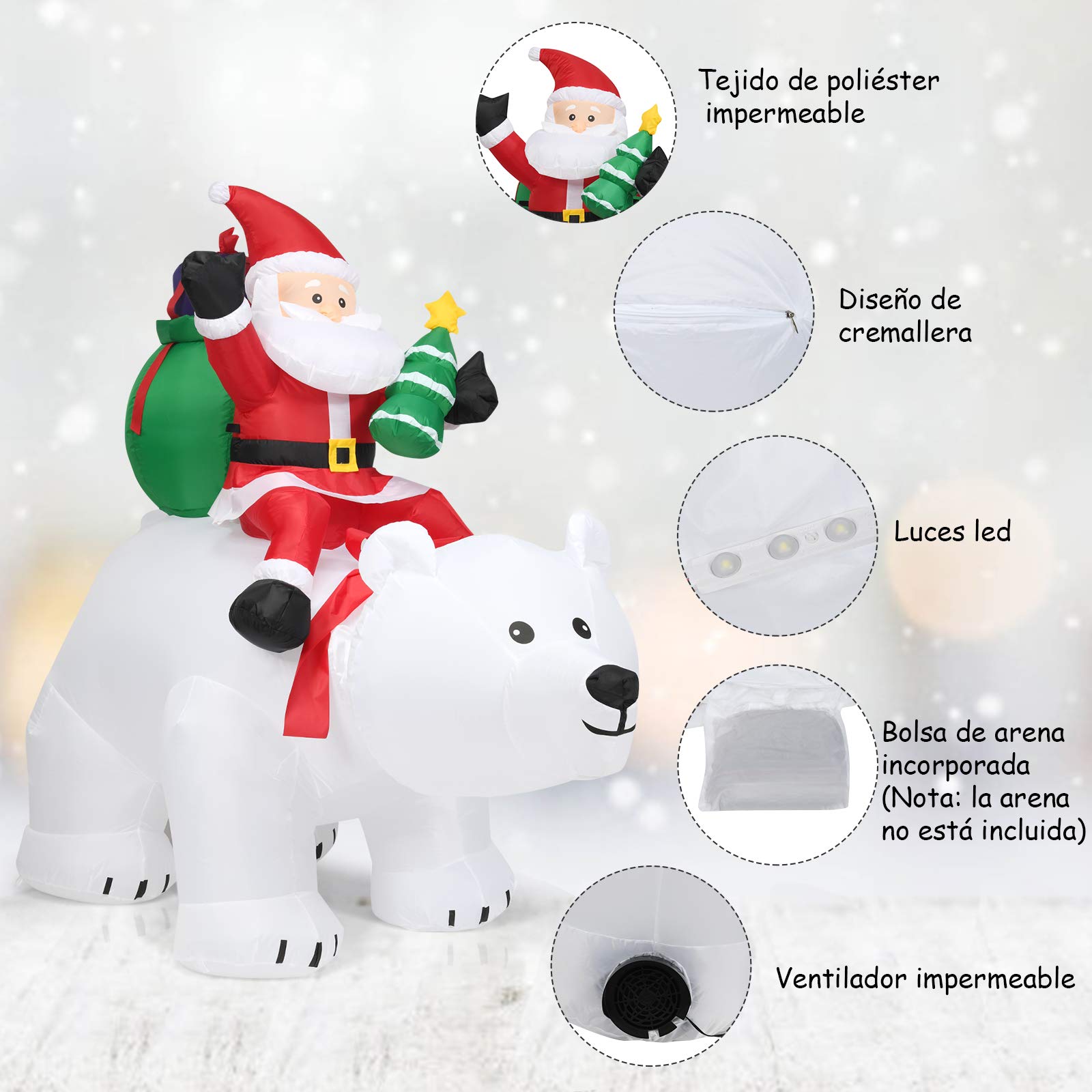COSTWAY Papá Noel Grande sobre Oso Polar Inflable con Cabeza Sacudida, 200 cm con Luces LED Incorporadas y Bomba, Impermeable, Decoraciones Inflables Navideños, Adornos de Navidad Exterior, Hogar