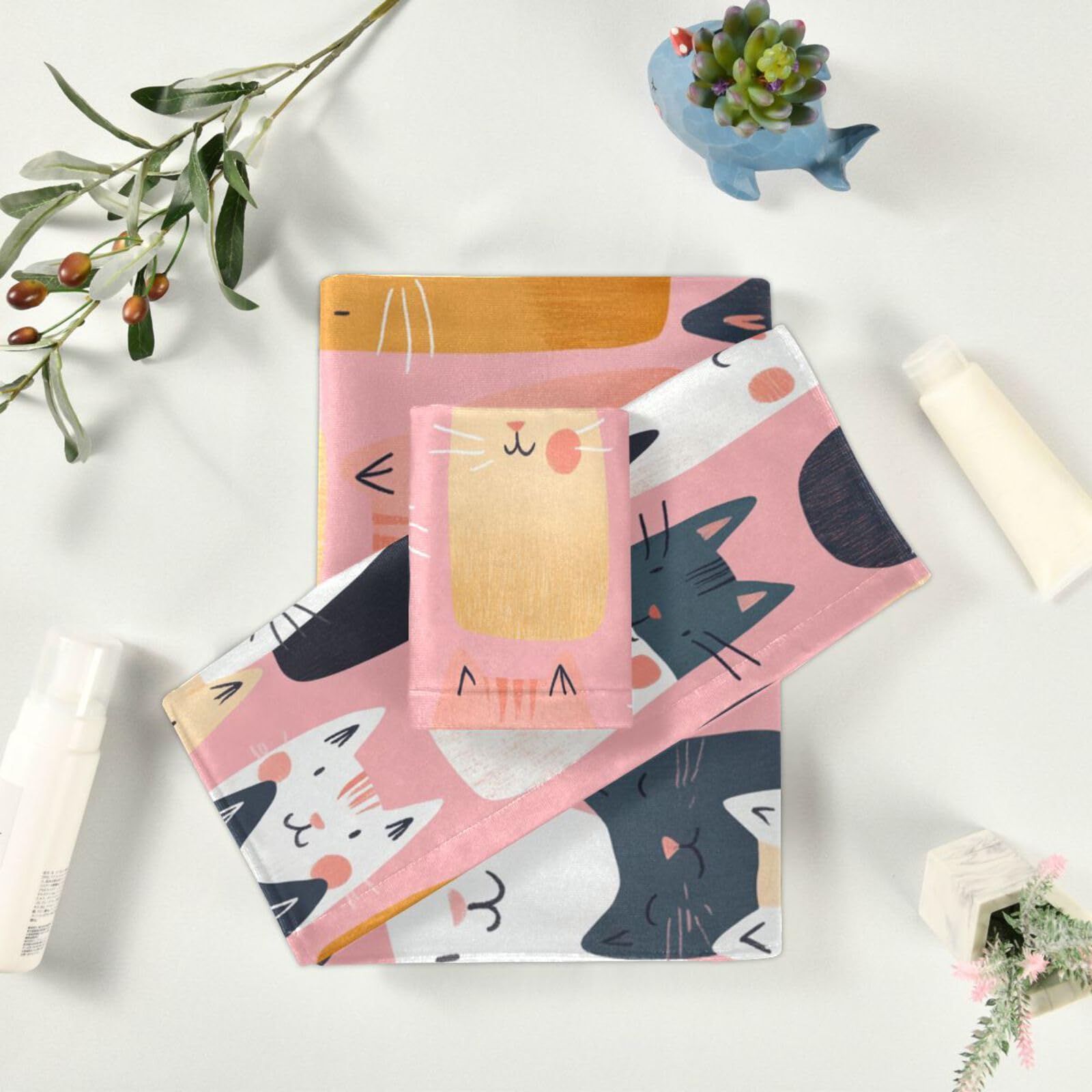 Set di 3 asciugamani da viso con illustrazione di gatto in stile cartone animato, 3 pezzi, 1 asciugamano da bagno, 1 asciugamano per le mani, 1 panno per il viso del corpo