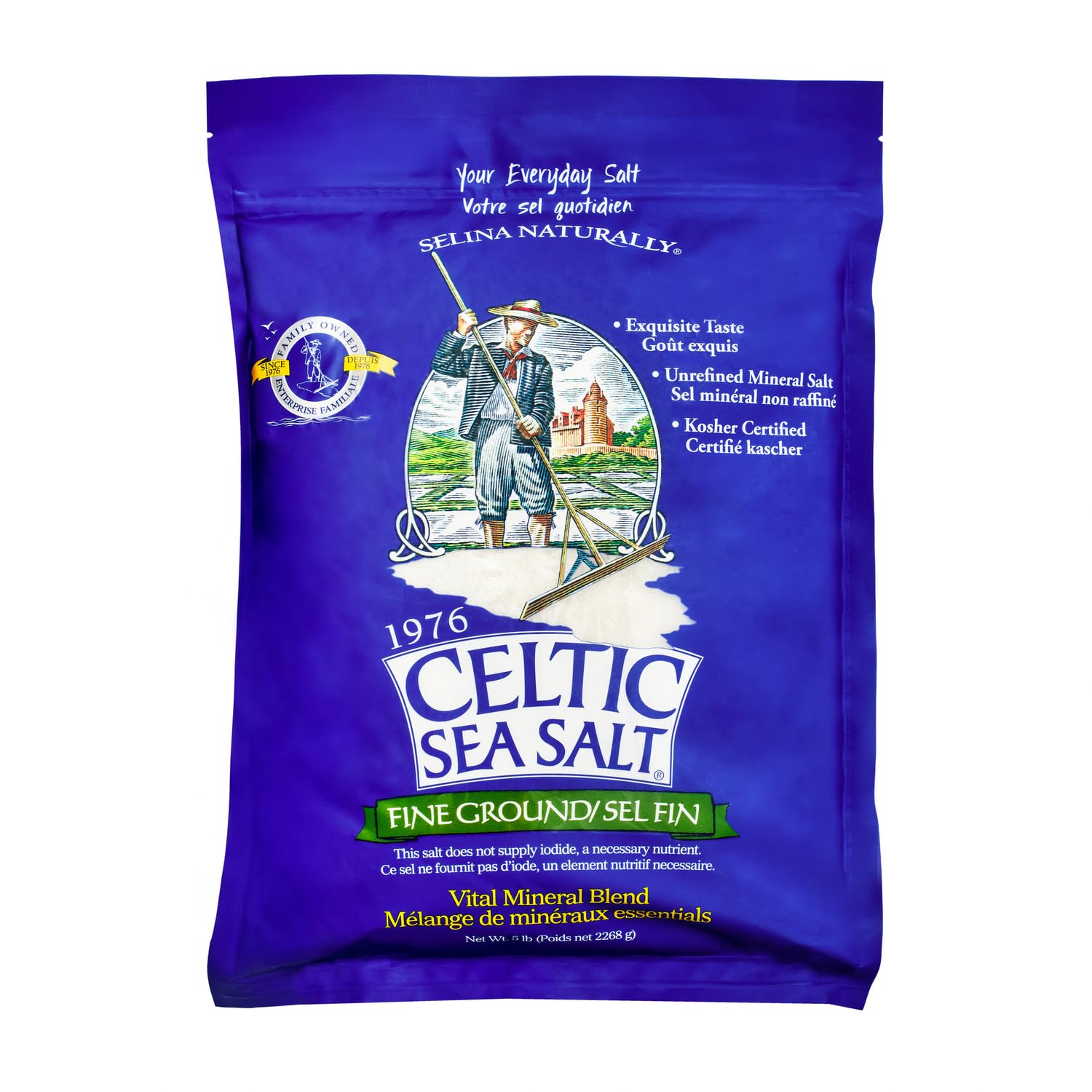 Fine Ground Classic Celtic Sea Salt – (1) 5 Pound Bag of Nutritious, , Great for Cooking, Baking, Pickling, Finishing and More, Pantry-Friendly, Gluten-Free, Kosher and Paleo-Friendly
