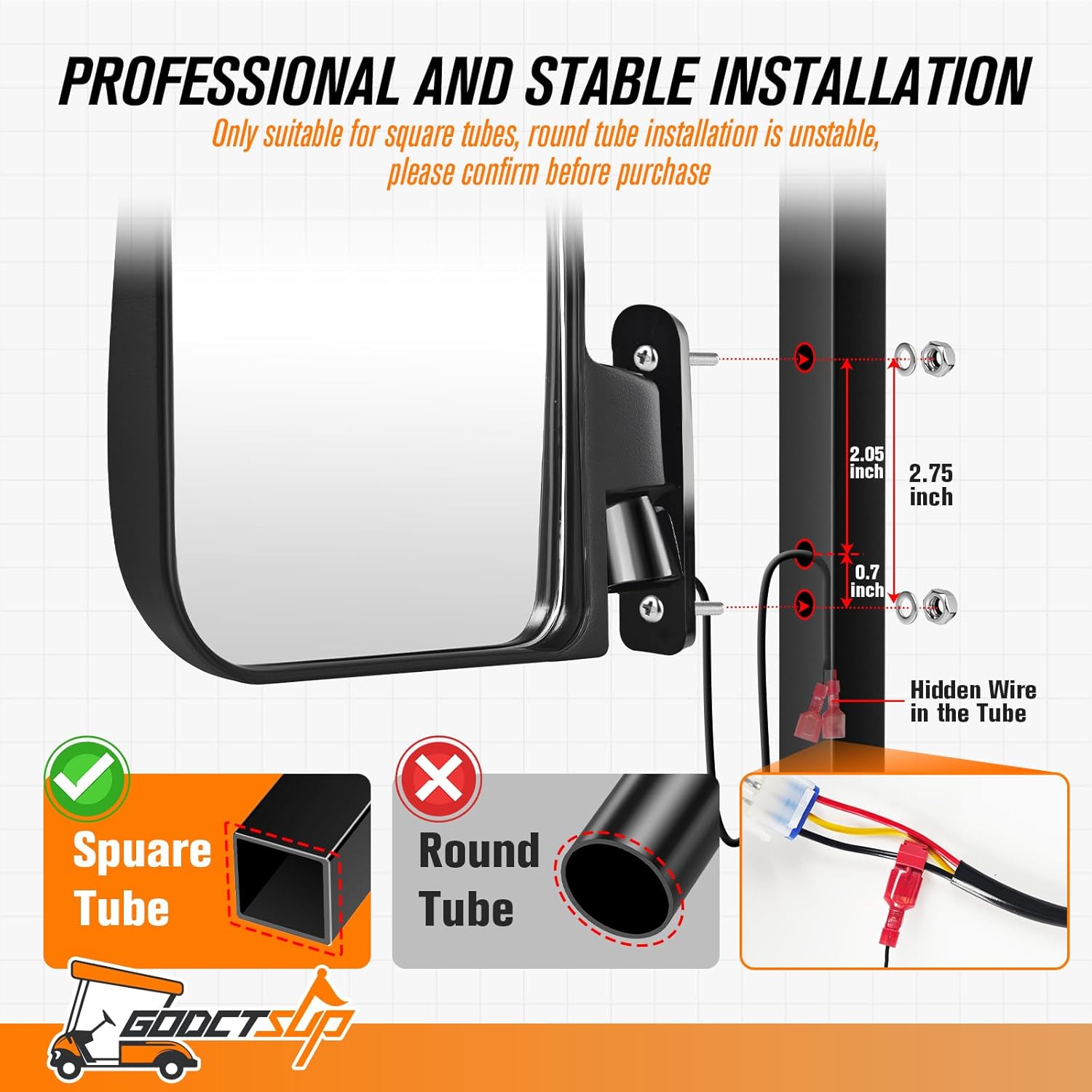 Golf Cart Rear View Mirrors, Folding Golf Cart Side Mirrors with Turn Signal Lights, Fits Club Car EZGO Yamaha and Others Square Tube Golf Cart Roof Bracket, Durable Anti-Shudder