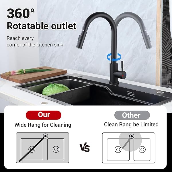 JOTOL Robinet de Cuisine Flexible,Mitigeur Cuisine Rabattable,Pivotant à 360° d'Évier à Arc Élevé,Pulvérisateur Escamotable 2 Modes,Mousseur Démontable,Froid et Chaud Disponibles - Noir - 3