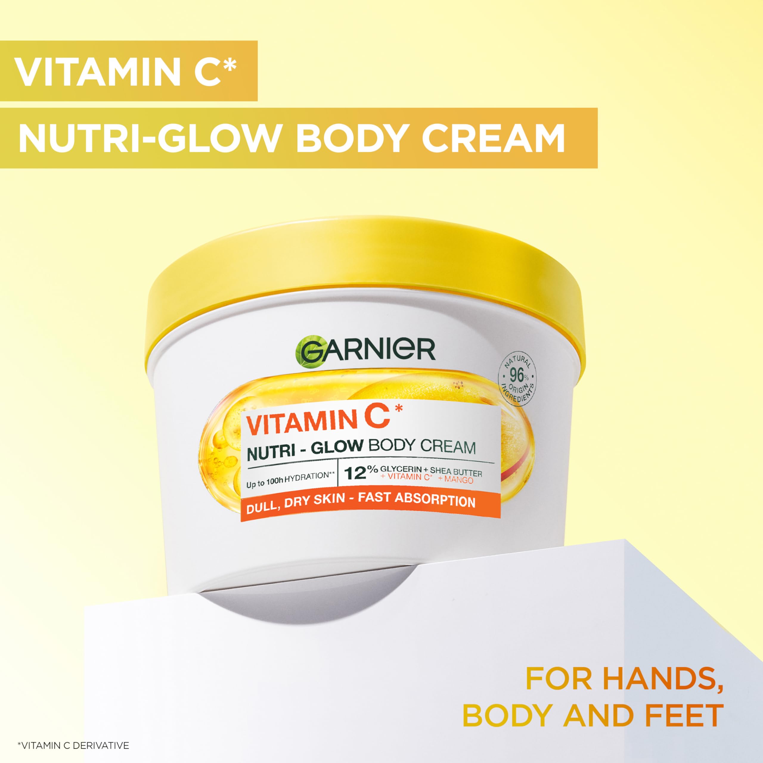 Close-up of the Garnier Nutri-Glow Body Cream texture, highlighting its light and creamy consistency.