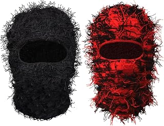 HJORZMM Distressed Balaclava Full Face Ski Mask, 2Pack Knitting Distressed Wind Proof Winter Ski Mask for Men Women Free Size (Black+Red)