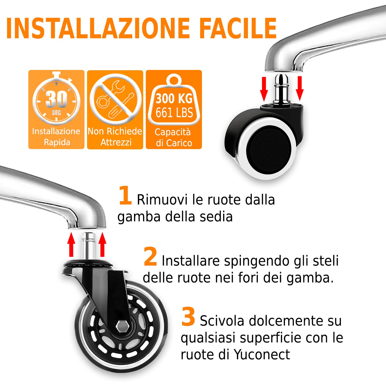 Ruote Sedia Ufficio 10x22mm Compatibile con Sedie IKEA - Rotelle Sedia Ufficio Parquet per Sedia Gaming da 10mm - 5 PCS di Ricambio in Gomma o Silicone Resistenti che Supportano Fino a 300 kg