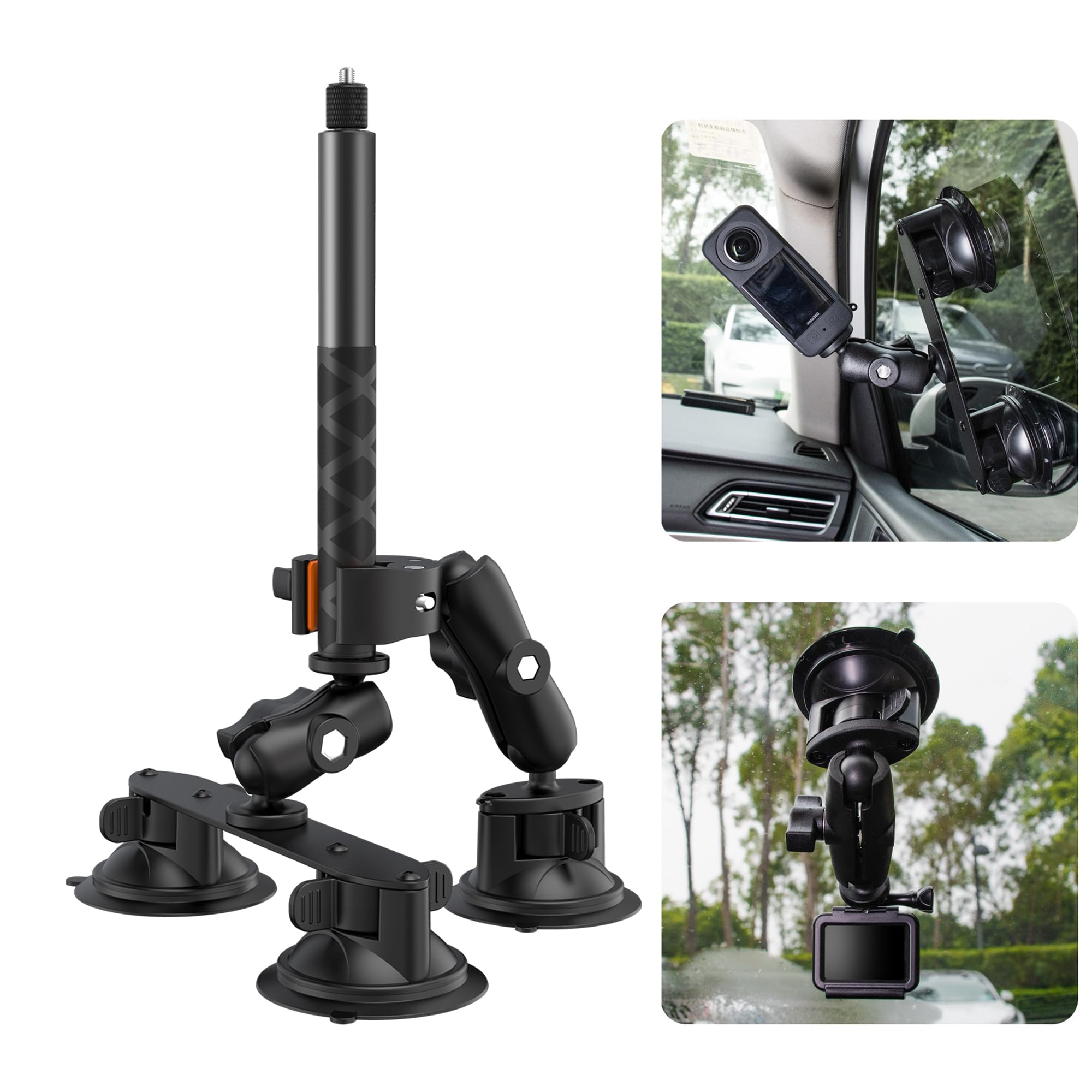 Support Voiture Ventouse Puissante Pour Caméra D'action (GoPro, Osmo Action, Insta360) Et Smartphones - Réglable 360° - Adaptateur 1/4"