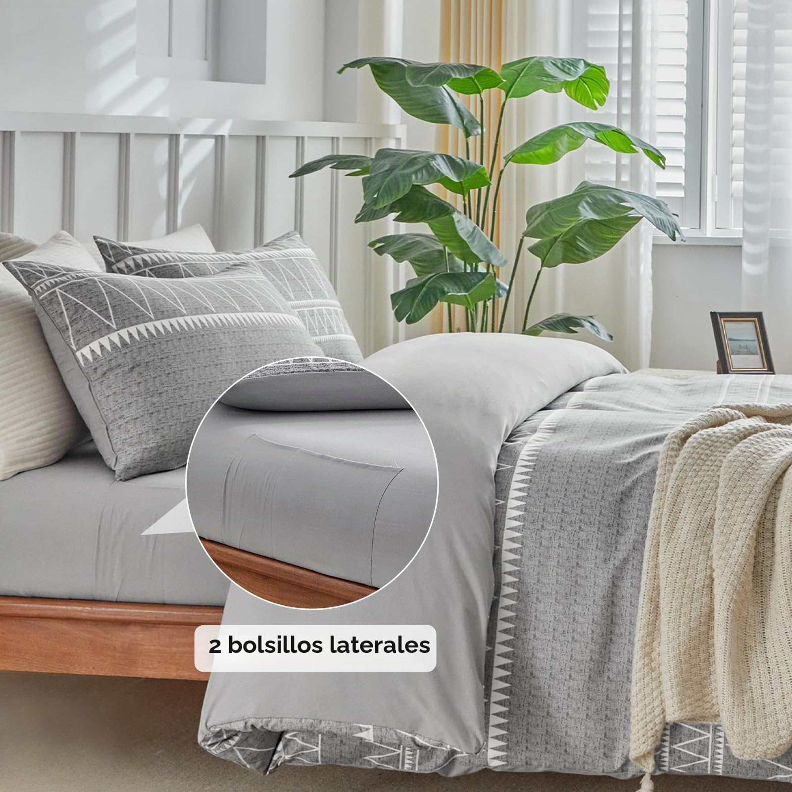 Tokokimo Juego de ropa de cama de 4 piezas, funda nórdica de 240 x 260 cm + sábana bajera de 160 x 200 cm con 2 fundas de almohada de 65 x 65 cm de microfibra, diseño bohemio, color gris