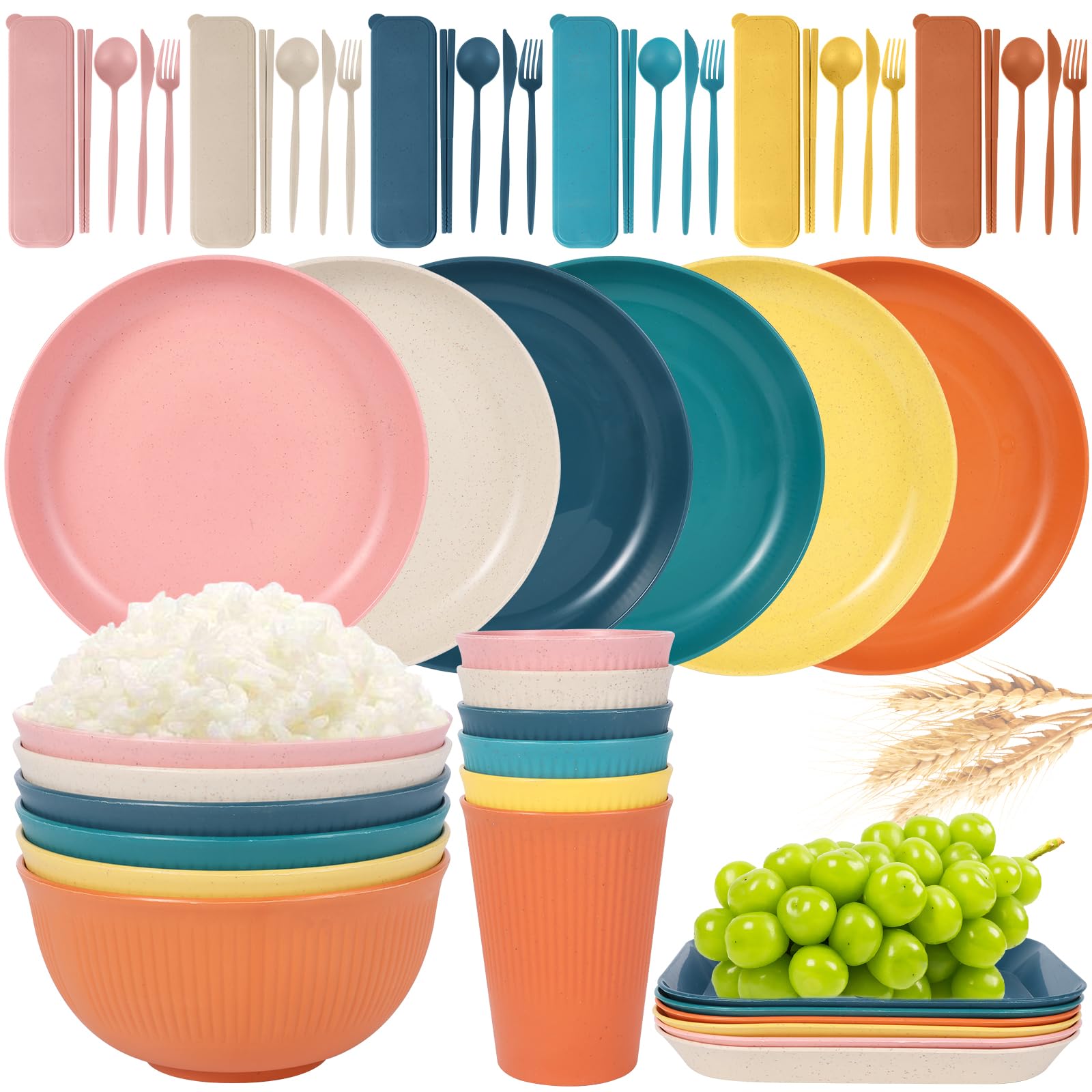 Wheat Straw Dinnerware Sets, Kids Plates and Bowls Sets, Plastic Unbreakable Microwave Dishwasher Safe Tableware, Lightweight Reusable Kitchen Set Travel Camping RV Dishes