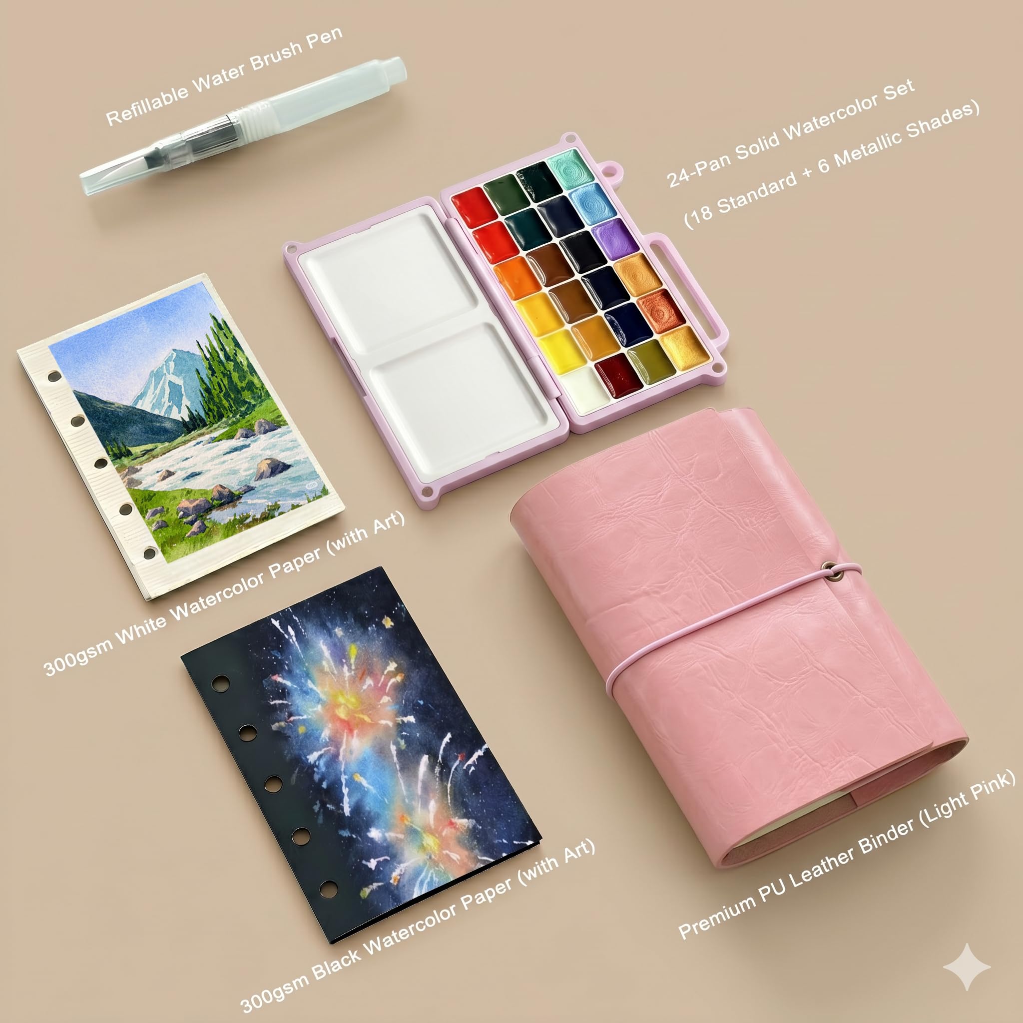 DarkWish Mini Juego De Acuarela De Viaje Con 24 Colores Y Pincel De Agua, Bloc De Arte De Bolsillo Con Papel De 300 G/m² En Blanco Y Negro, Cubierta De Piel Sintética