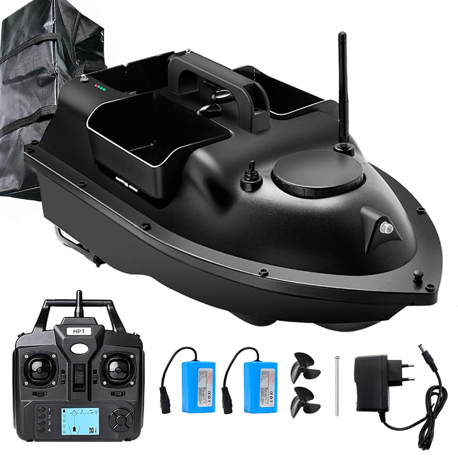 XUEMANSHOP Barca per esche da pesca, GPS con 3 contenitori per esche, batteria da 5200 mAh e telecomando da 500 m, LED, ritorno automatico, guida a punto fisso, colore nero
