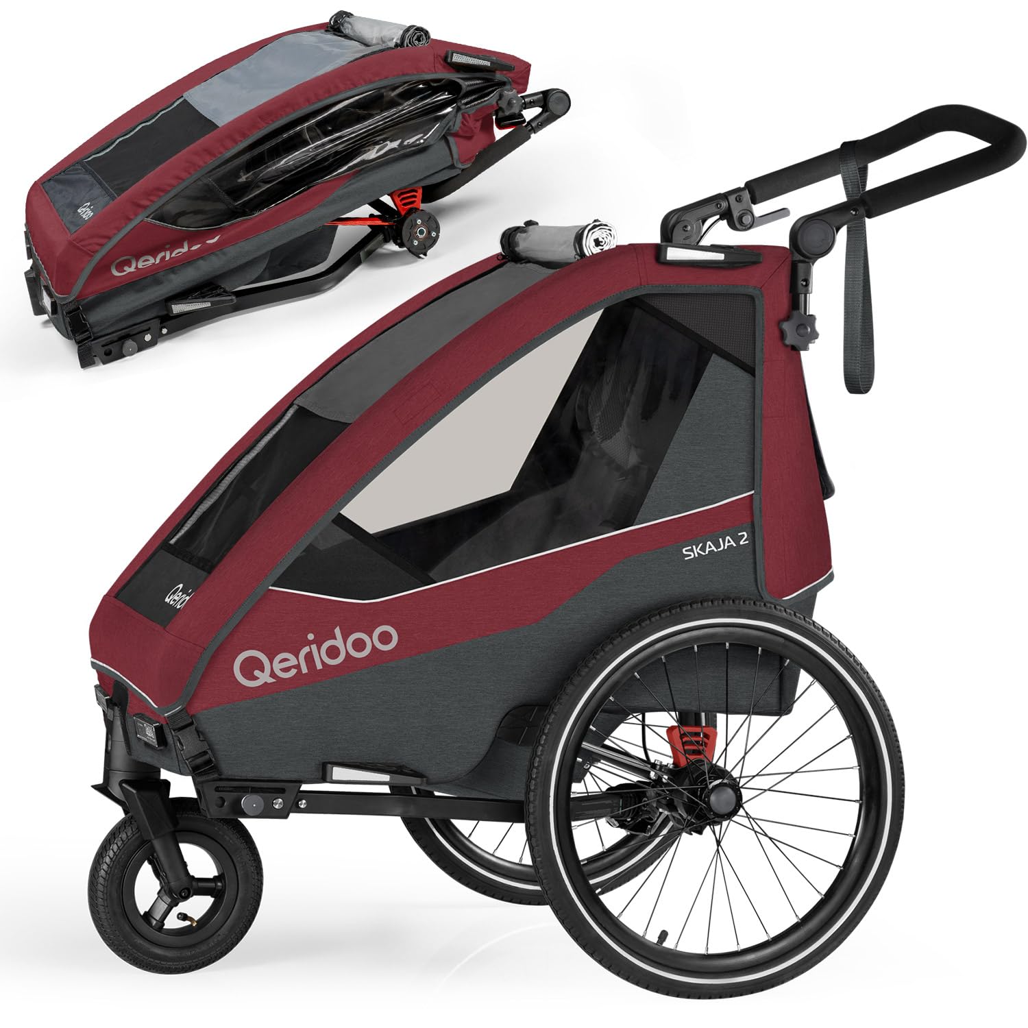 Qeridoo Skaja 2 Cayenne Red | Fahrradanhänger 2 Kinder mit Premium-Federung & 3-in-1-Funktion | Kinderfahrradanhänger & Jogger Kinderwagen | Leichter Fahrrad Anhänger Kinder | Sicher & Komfortabel