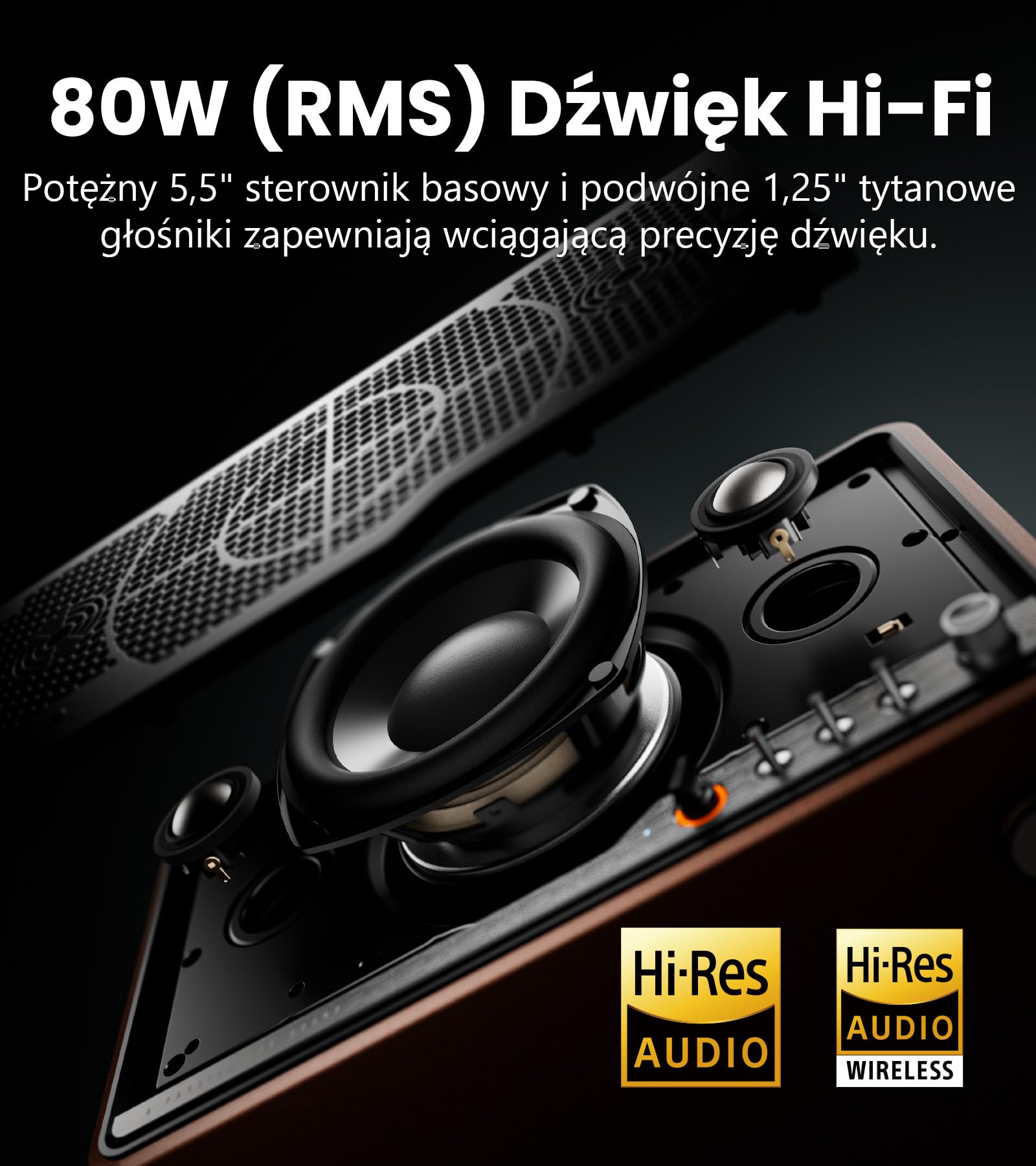Edifier S300 Retro Głośniki Biurkowe Z Airplay 2 I Mocą 80w, Czarny Orzech | Hi-Res Przewodowy I Bezprzewodowy, Bluetooth 5.4 Wielopunktowe, Wejścia Aux & Usb-c, Pilot, Do Systemów Multiroom