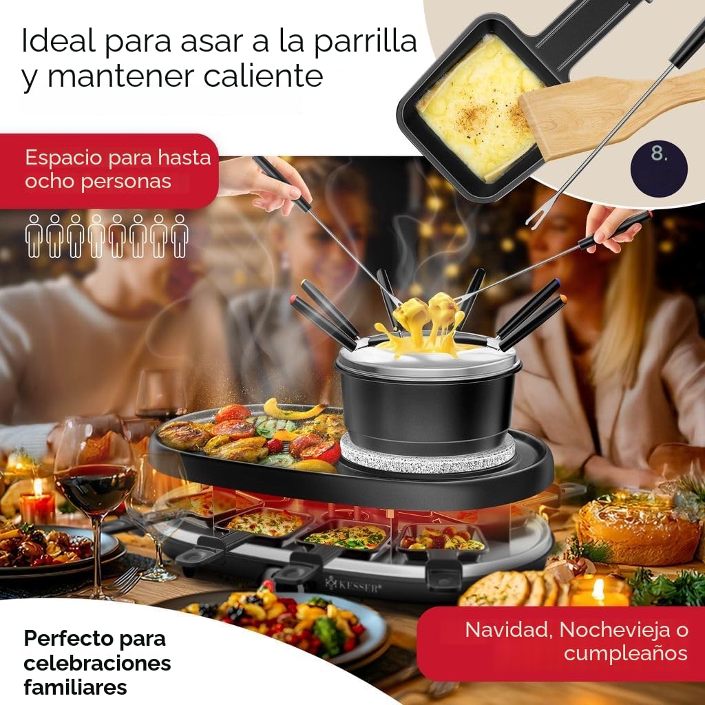 KESSER® 3 en 1 Raclette grill con piedra natural antiadherente, placa de parrilla y fondue, parrilla eléctrica de mesa para 8 personas.