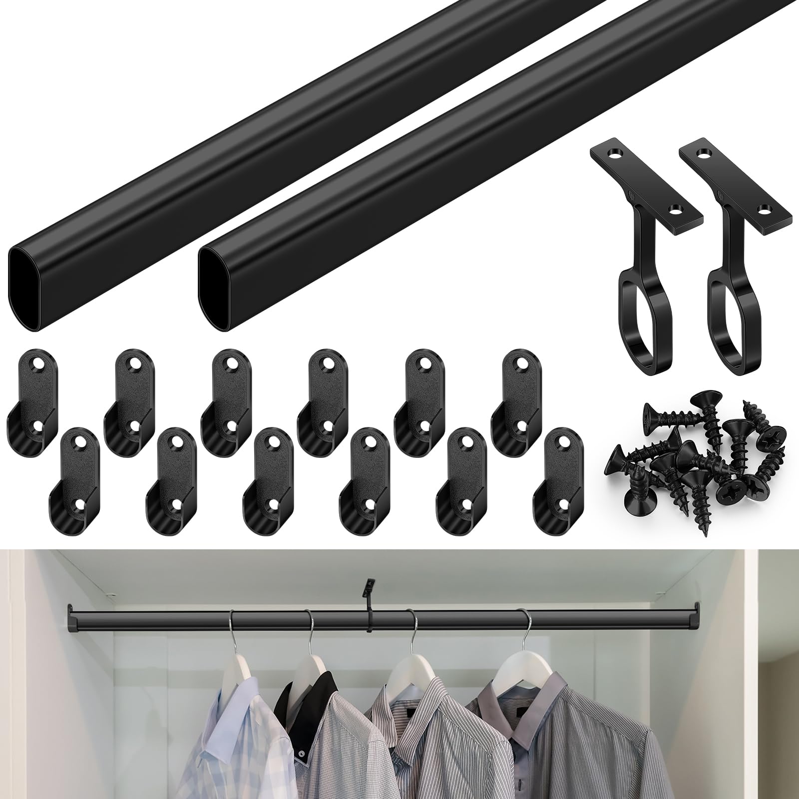 Photo 1 of ** minor scrap damage on bars end** 2 Sets Closet Rod Kit with End Caps and Center Support,Black