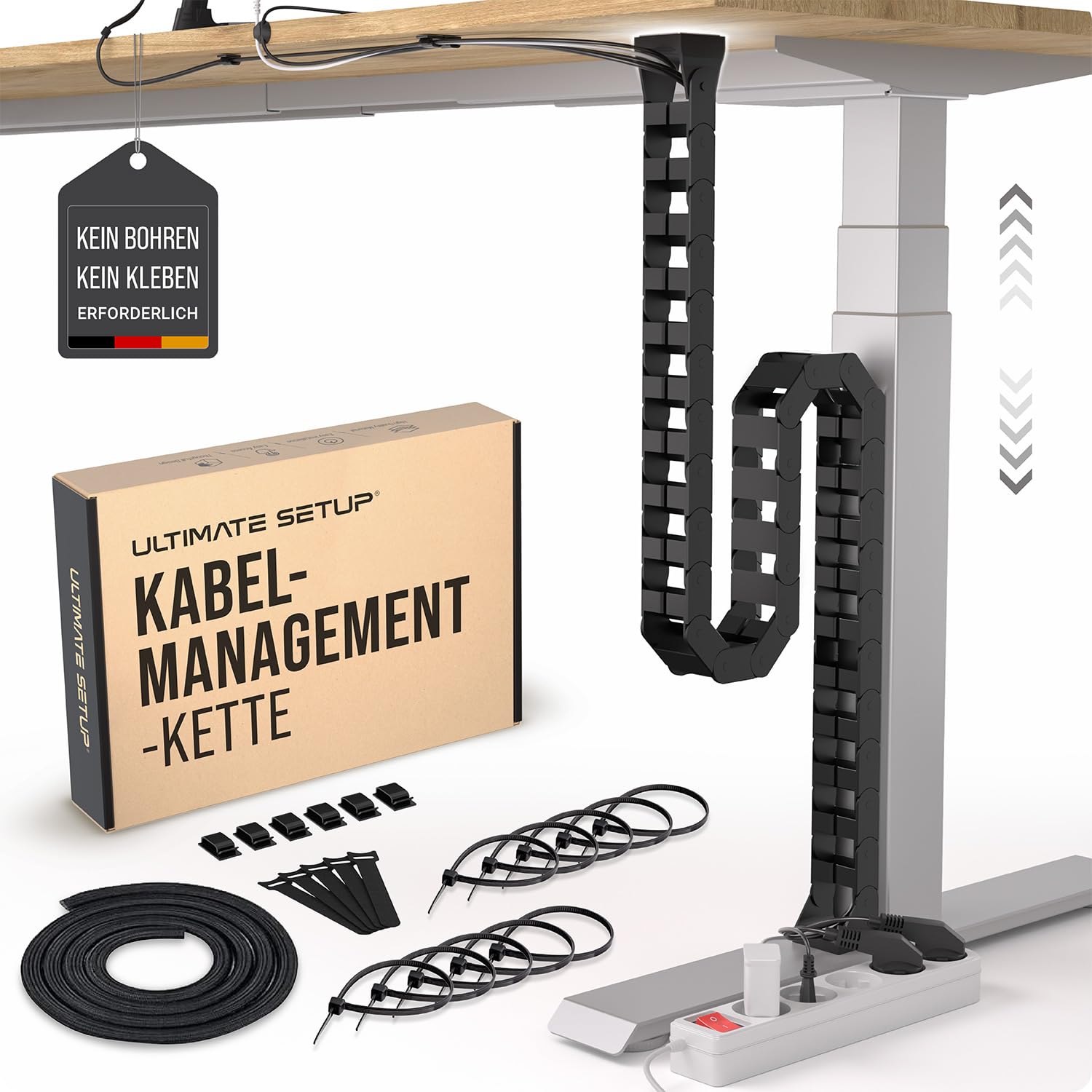 Kabelführung Schreibtisch, Flexibel anbringbare Kabelschlange, Robuste Kabelkette, Flexibler Kabelkanal für ideales Schreibtisch Kabelmanagement und für höhenverstellbare Schreibtische (Schwarz)