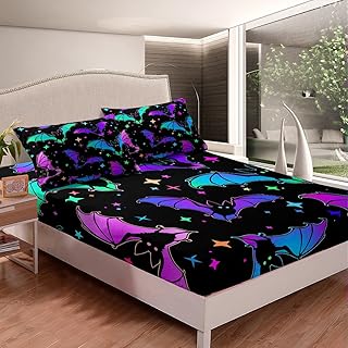 Erosebridal Halloween Bat BeddingÂ Sets Full Size Glitter Stars Galaxy BedÂ Sheets for Kids Child, Gothic Bats FittedÂ Sheet Halloween Decorations Teal Blue Green Purple