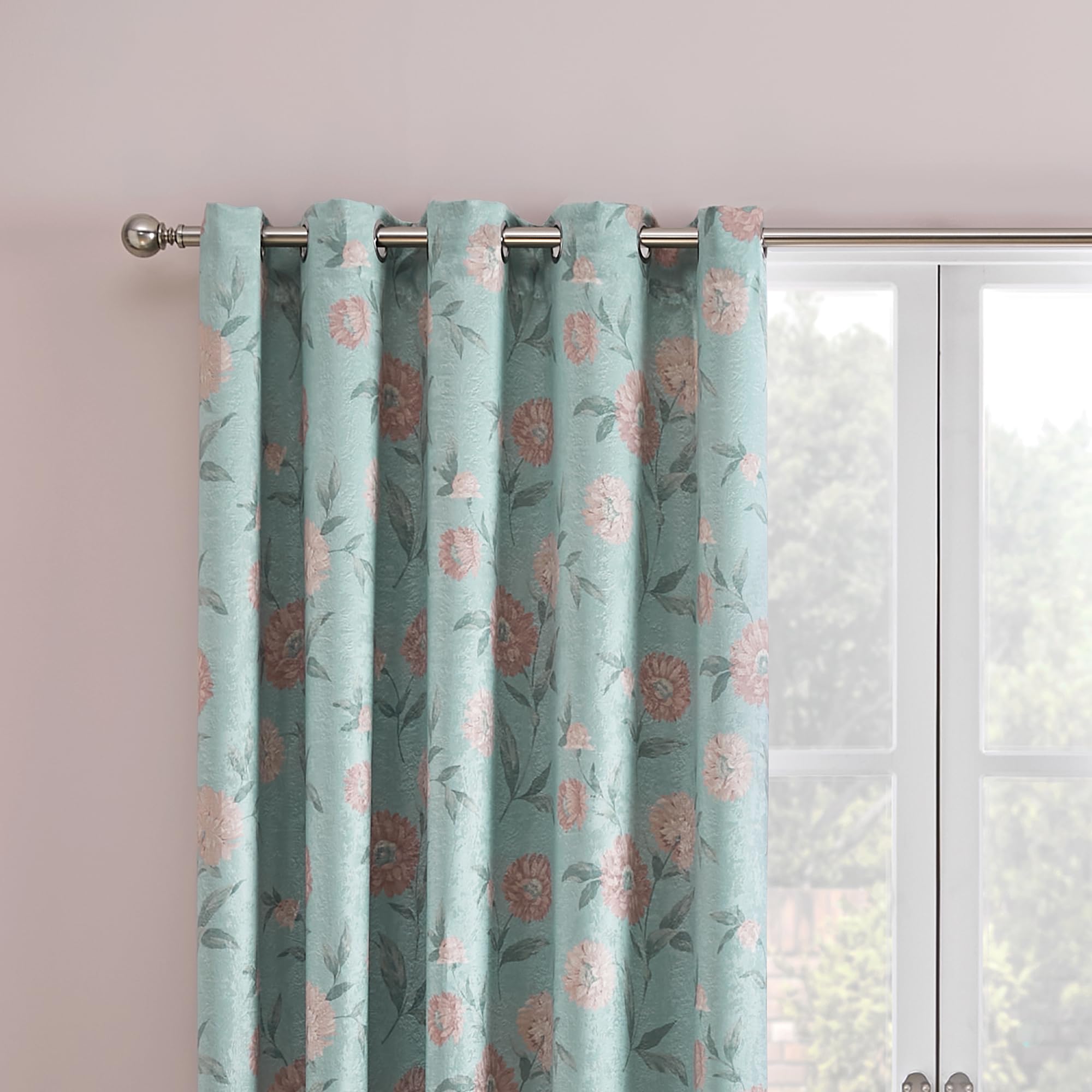 Dreams & Drapes - Duck Egg Floral Curtains W46 x L54 (117 x 137cm) - 2x Panels - Duck Egg Flower Eyelet Curtains & Drapes for Bedroom and Living Room - Traditional Vintage Curtains with Pink Floral - Image 2