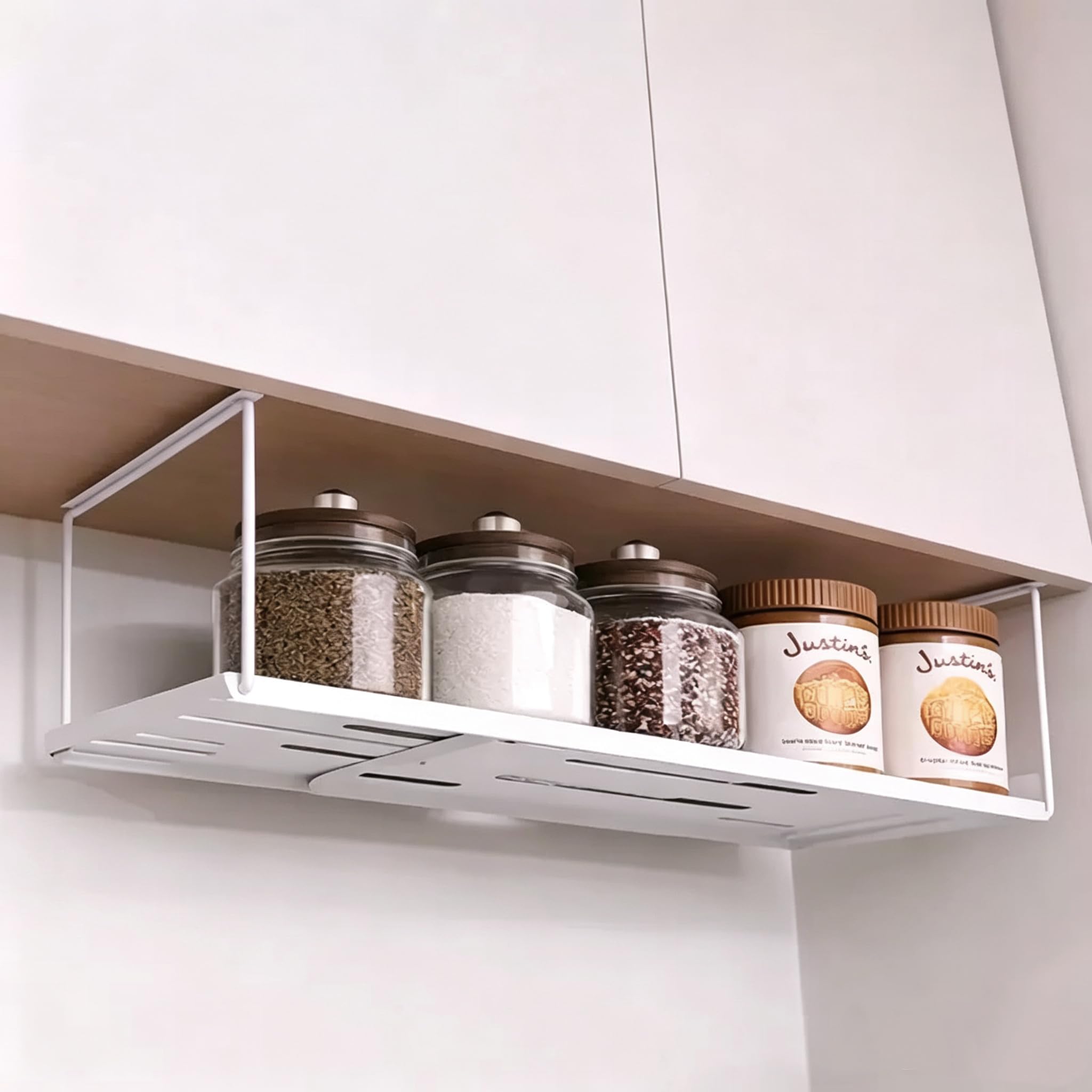 Doumix Expandable Under Shelf Storage, Metal Hanging Basket Under Cabinet, Desktop Storage Shelf Rack, Multi-Purpose Organizer for Kitchen, Shoe Bench, Plates and Household