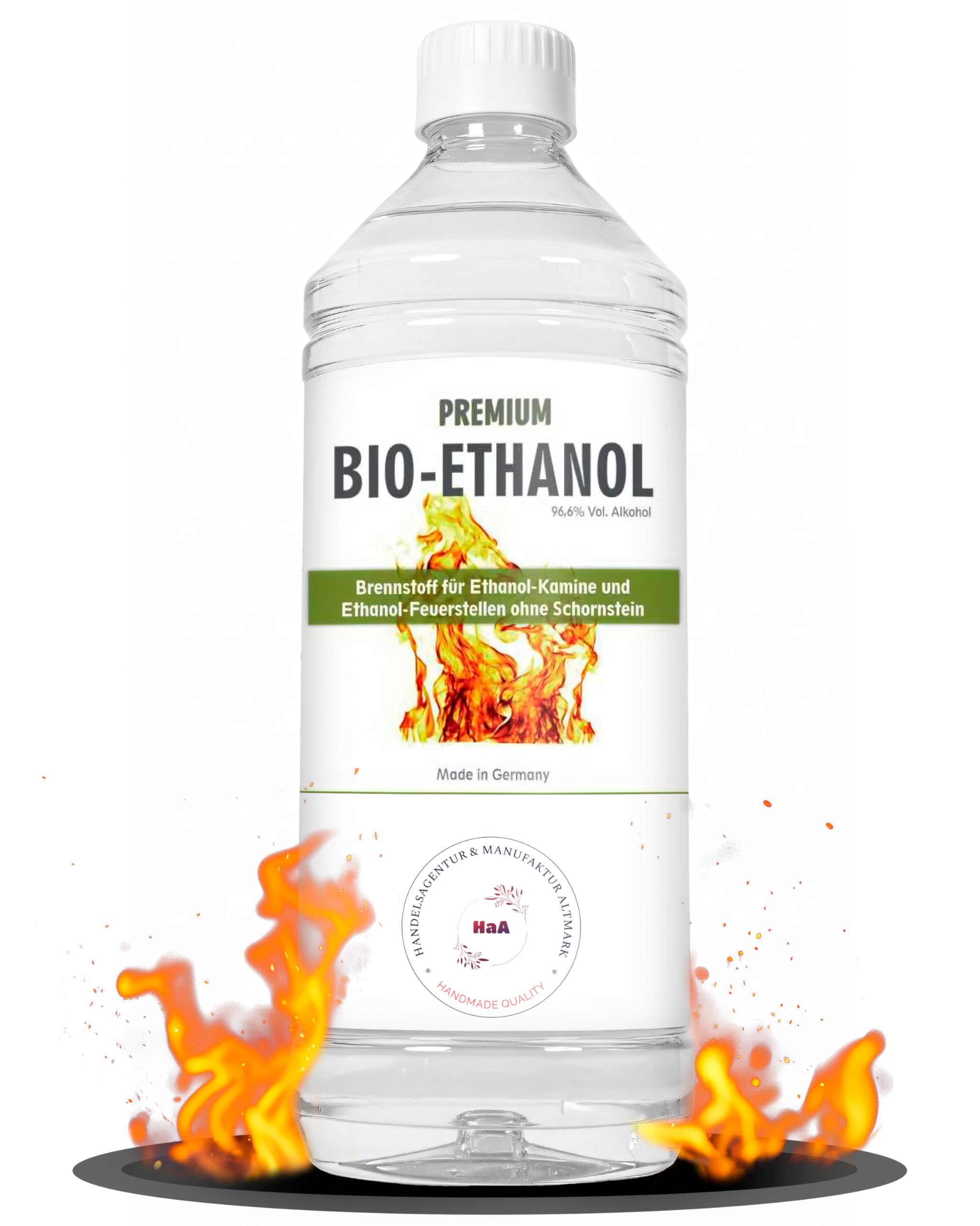 HaA Bioethanol 96,6% Premium 1 Liter – Für Bioethanol Kamin & Tischfeuer Indoor – Bio Ethanol für Tischkamin Indoor & Outdoor - Geruchsarm & rückstandsfrei – aus nachwachsenden Rohstoffen