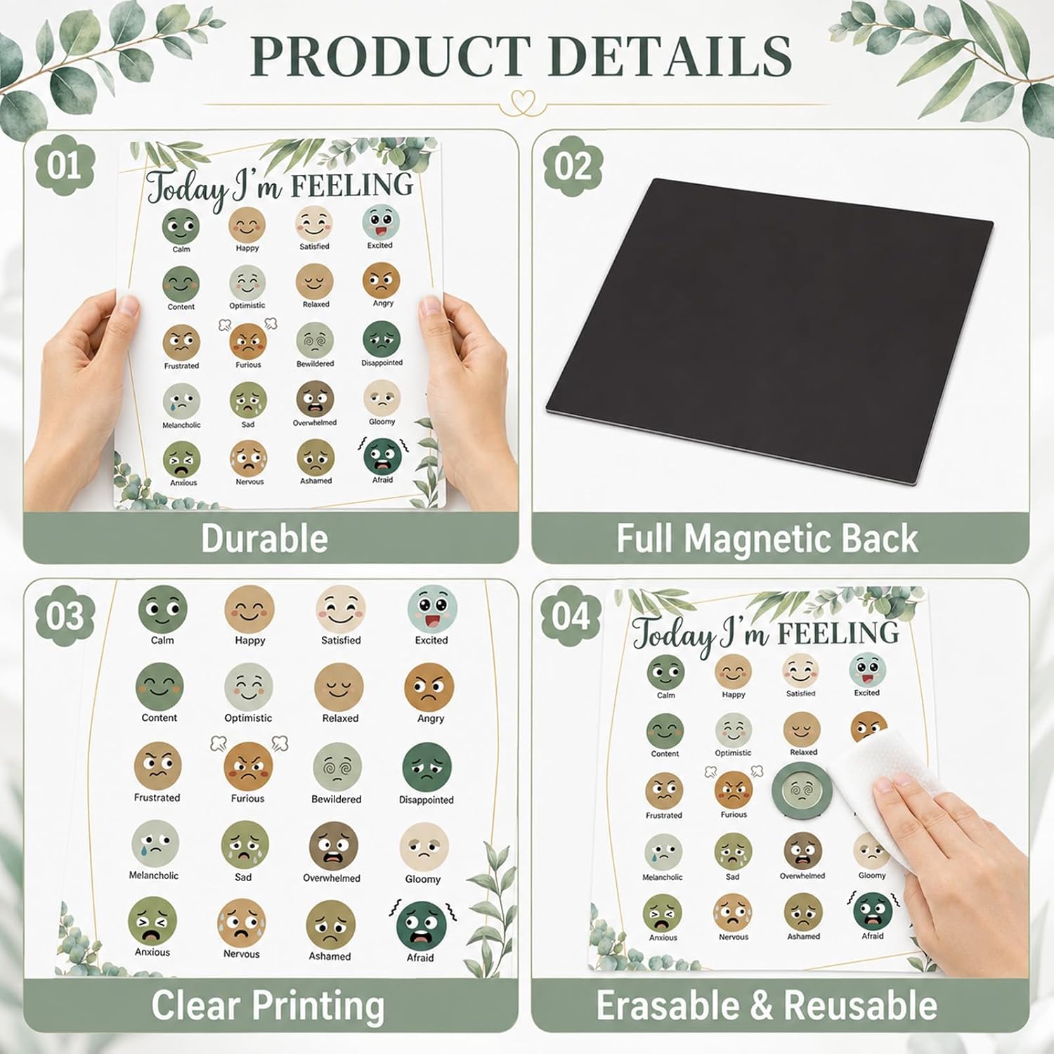 QOUBAI Magnetic Feeling Chart Daily Mood Tracker Eucalyptus Emotion Poster image 3
