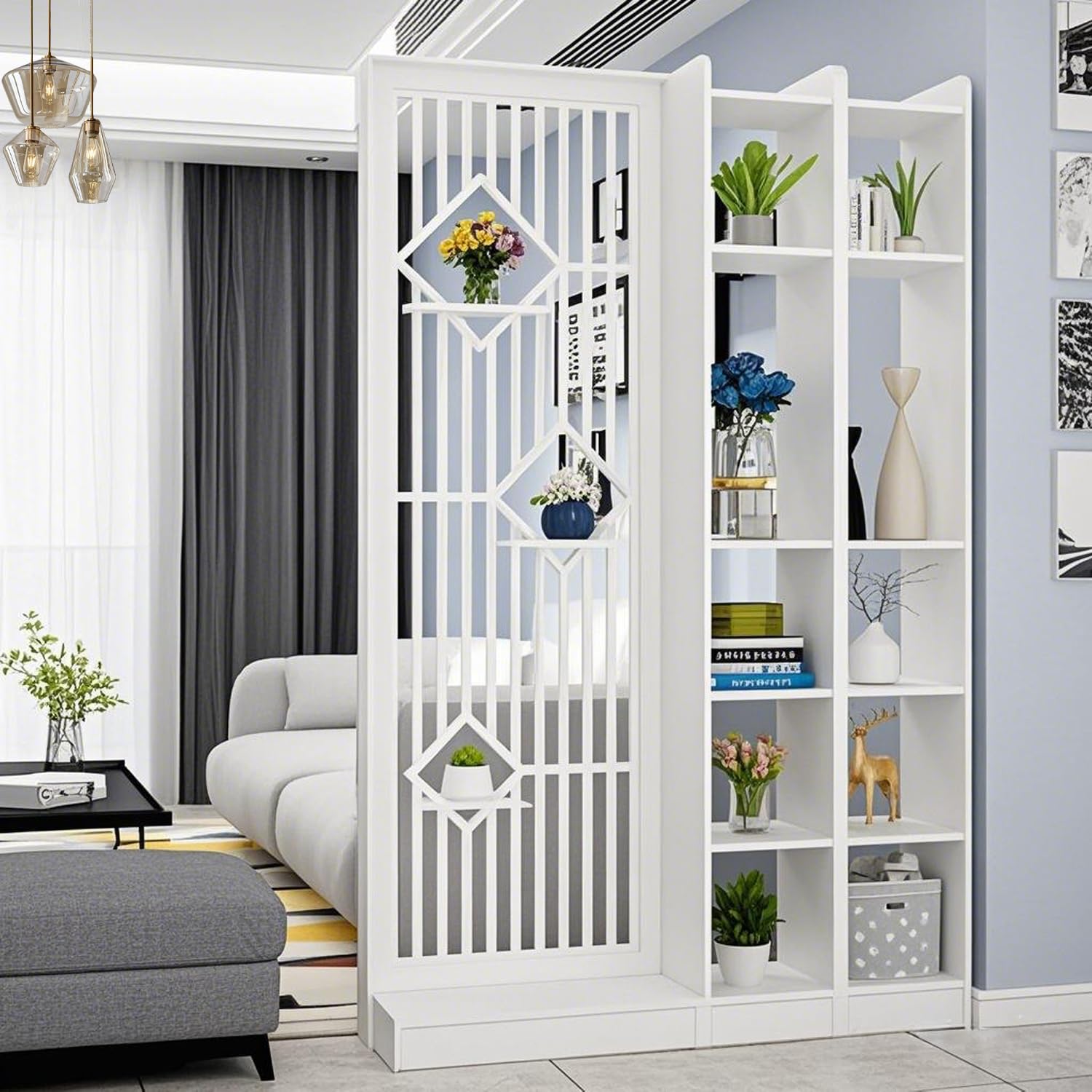 MESCXTY Modern Wall Room Divider, Wood Divider Screen, Storage Cabinet with Shelves，Wall Privacy Screens for Home Office Decorative (White,47.24''L*11.8''W*74.8''H)