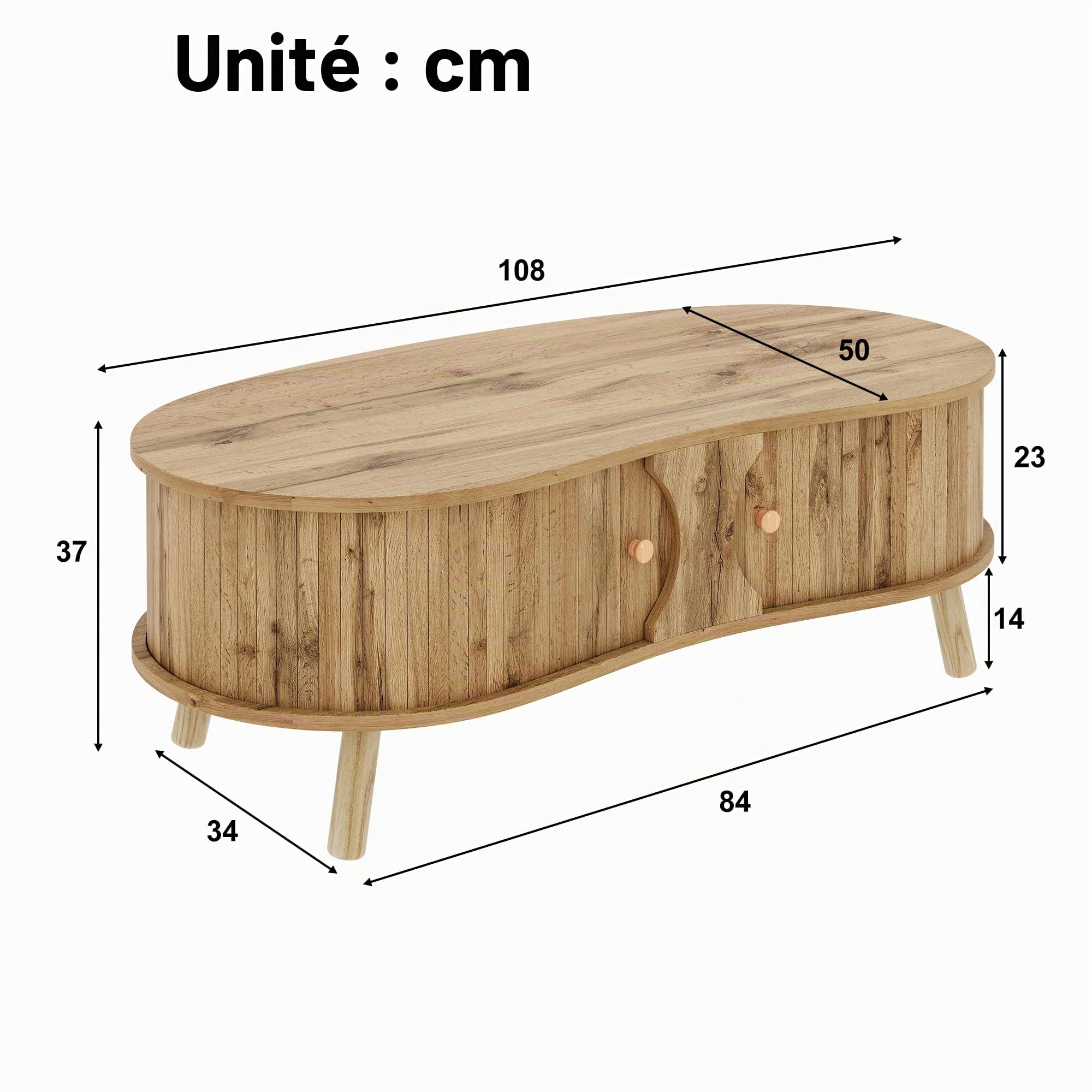 Ensemble de salon 3 pièces de style japonais avec meuble TV bas buffet et table basse en forme de pois organique avec portes coulissantes aspect bois avec pieds en bois massif chêne naturel