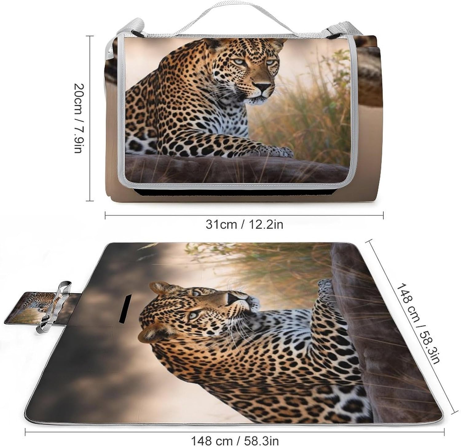 African Animal Leopard Waterproof Picnic Blanket 58.3''x58.3'',Portable and Foldable Picnic Mat with Handle,Outdoor Blankets for Lawn Park Beach Travel