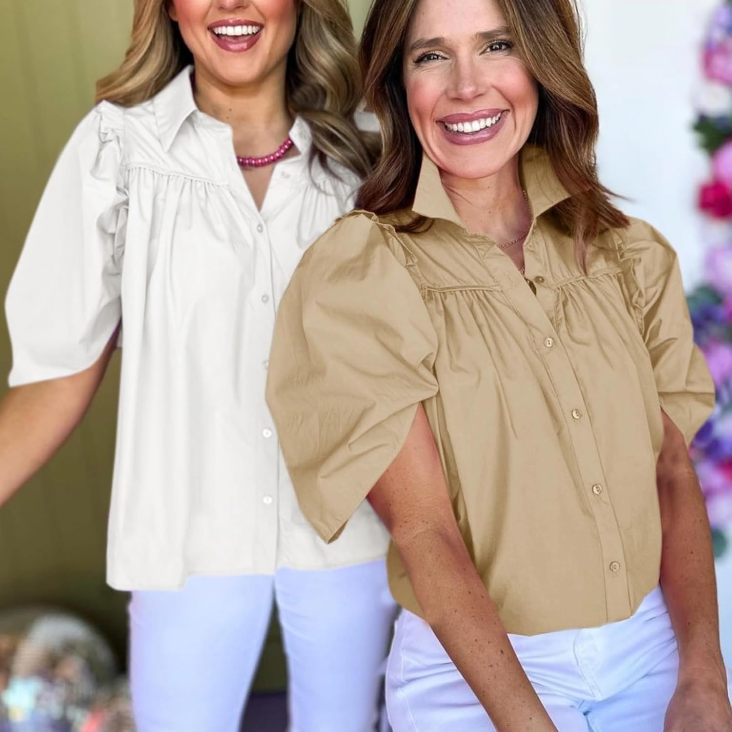 Cicy Bell Womens Summer Button Down Shirts Short Ruffle Puff Sleeve Cotton Blouses Dressy Casual Ladies Tops - Image 7