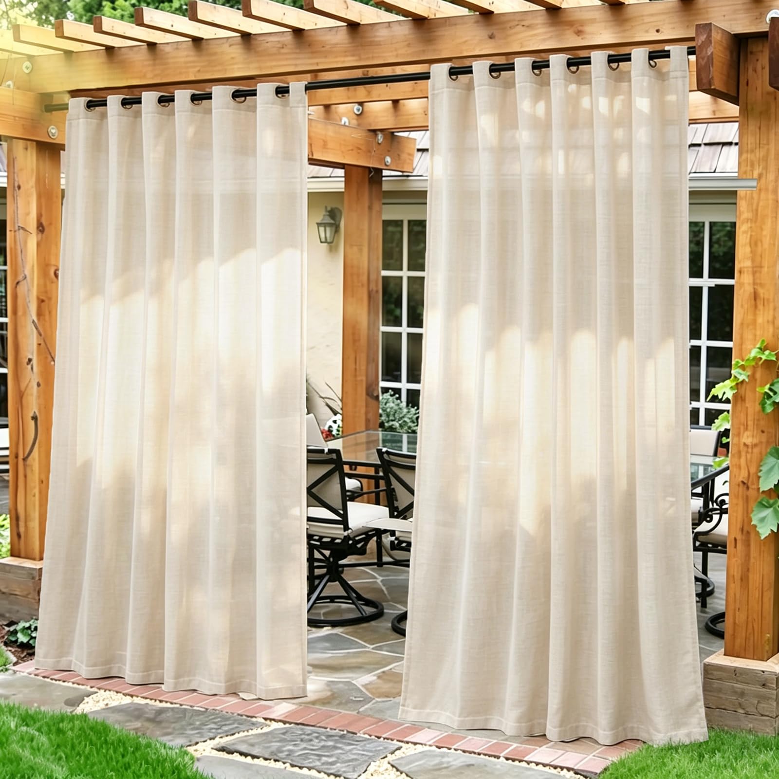 2 Pièces Rideaux D'extérieur, Rideau Extérieur Intempéries Et Étanche, Rideau Pour Pergola Avec Œillets Et Fermeture Velcro, Rideau Terrasse Aux Occultants Pour Jardin, Pergola, Balcon, Lin, 132*244cm