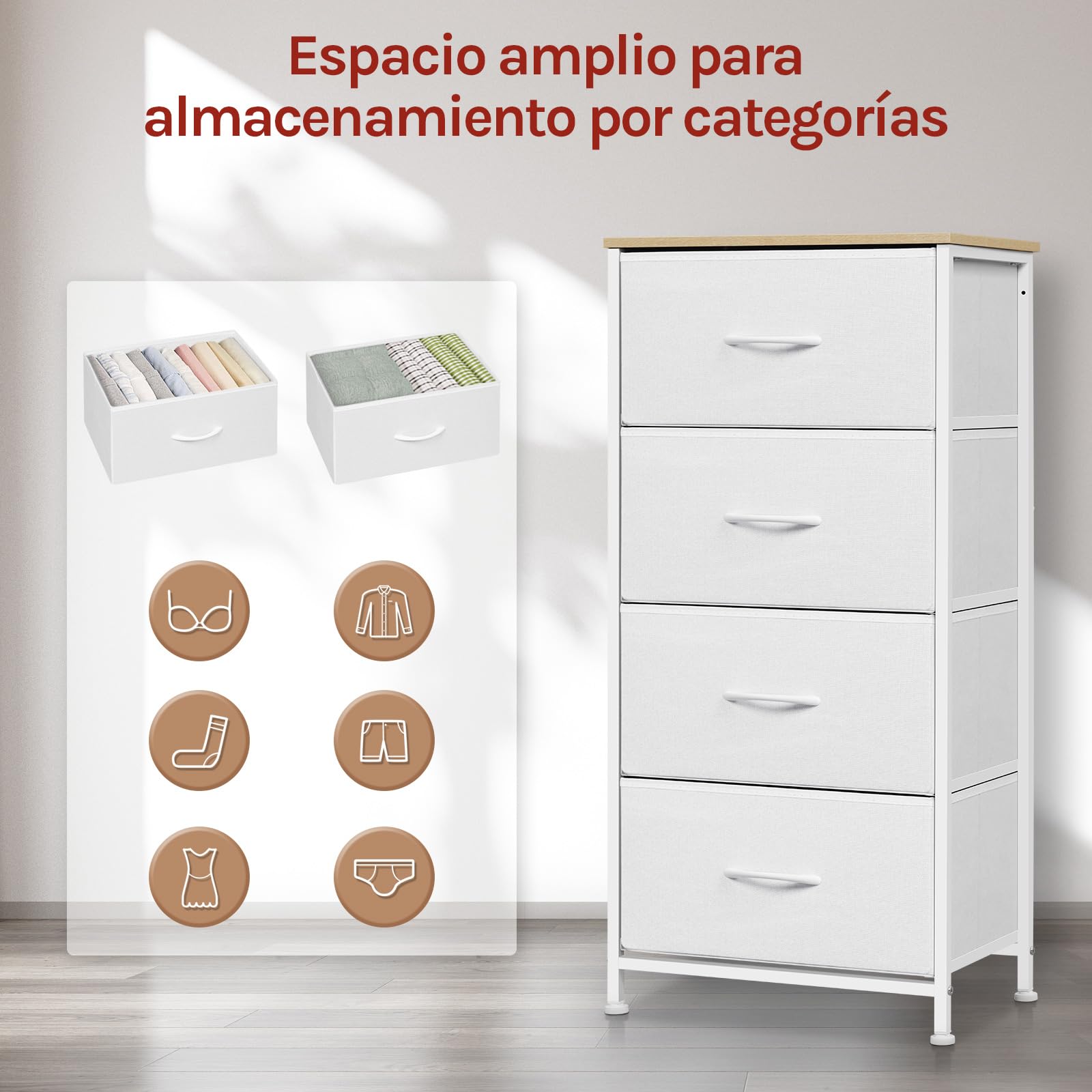 WOLTU Cajonera de Tela, Cómoda 4 Cajones, Armario con Cajas, Organizador de Juguetes, para Dormitorio, Salon y Habitación Infantil, Marco de Metal, Blanco, SSK011ws
