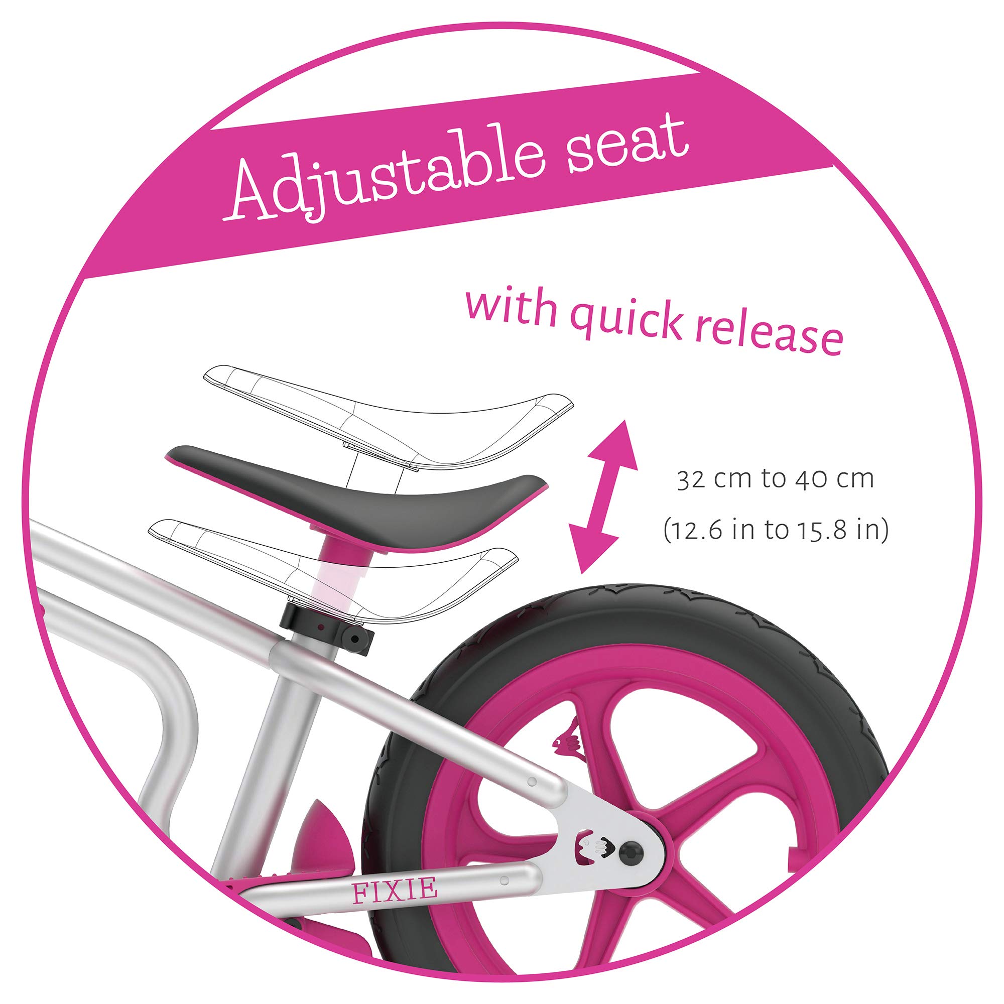 Chillafish Fixie: draisienne au véritable look de vélo de course pour les enfants de 2 à 5 ans, pneus increvables de 12 pouces, siège et guidon ajustable en hauteur, frein à pied et repose pied, rose