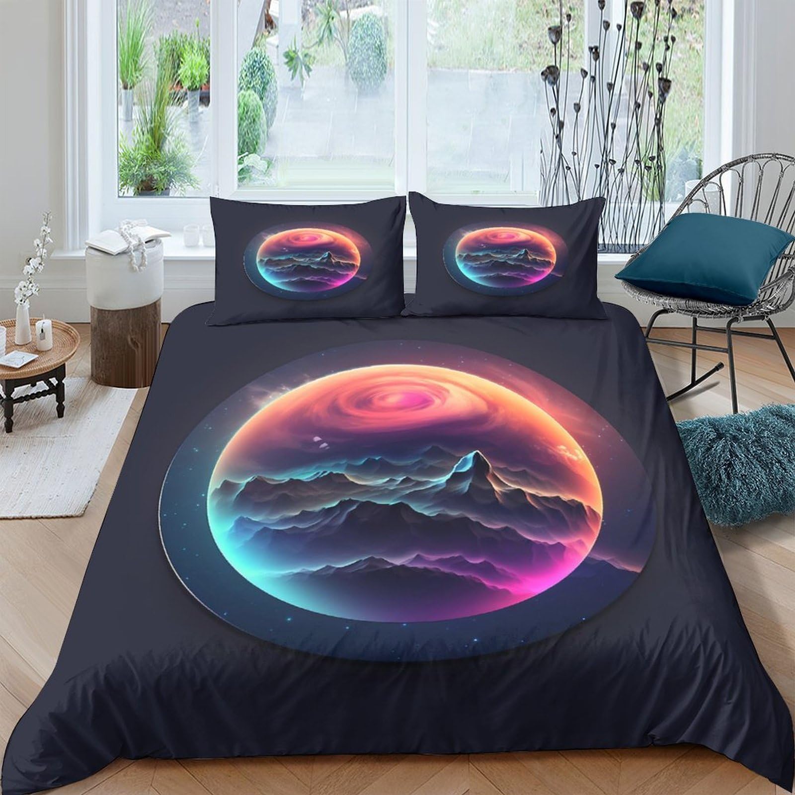 Ctjqhvkz Style-10 3D Printed Neon Planet Fitted Sheet Microfiber Soft Breathable Aurora Landscape Bed Cover For Bedroom Dorm Mattress Decor Single（135X200cm）